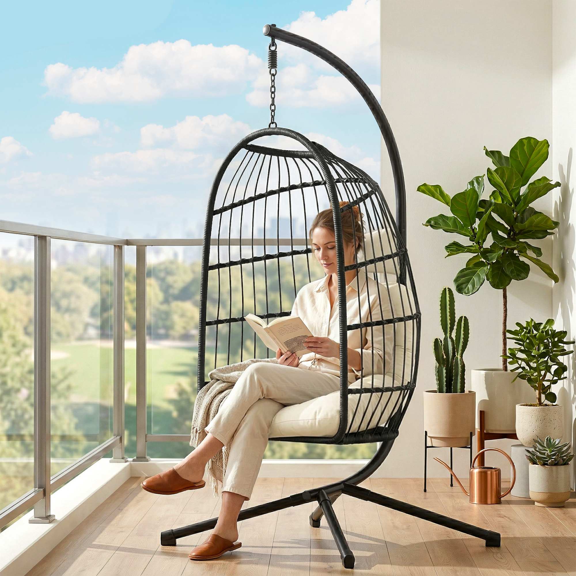 Hanging Egg Chair, Indoor Outdoor Hammock Swing Chair with Stand, Safety Strap, Foldable Basket, Black/Cream White