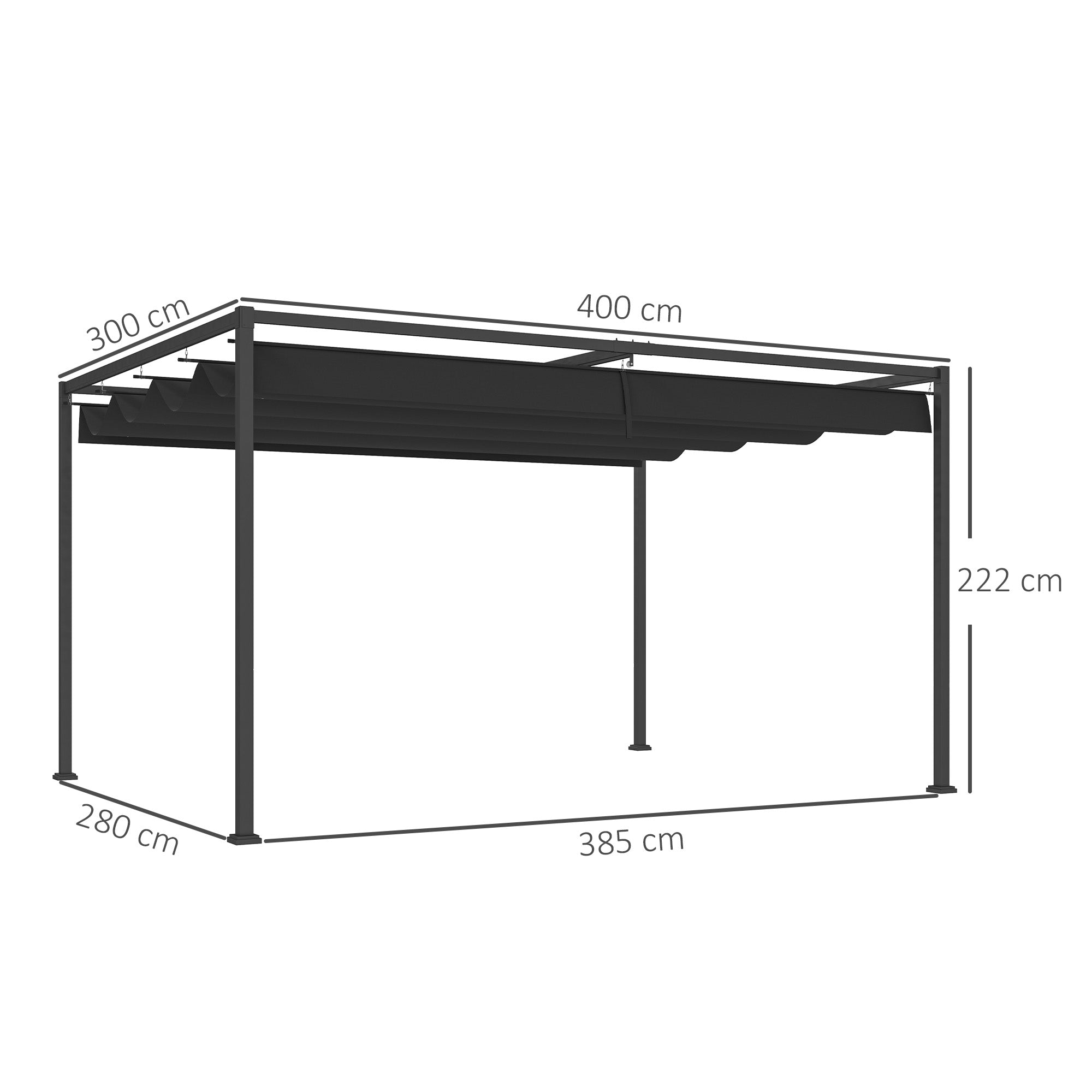 4 x 3m Metal Pergola, with Retractable Canopy Roof - Black