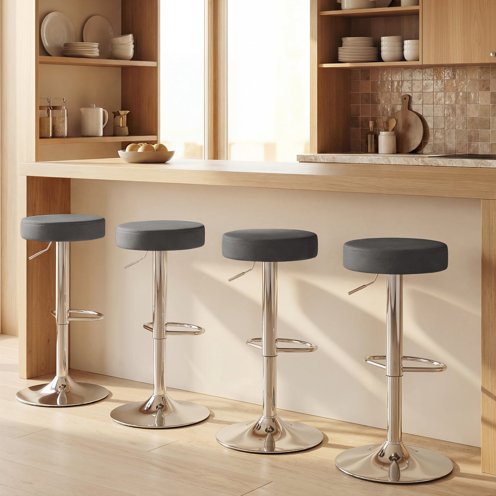 Bar Stools Set of 2, Modern PU Leather Swivel Barstools, Height Adjustable Breakfast Bar Chairs with Footrest, Grey