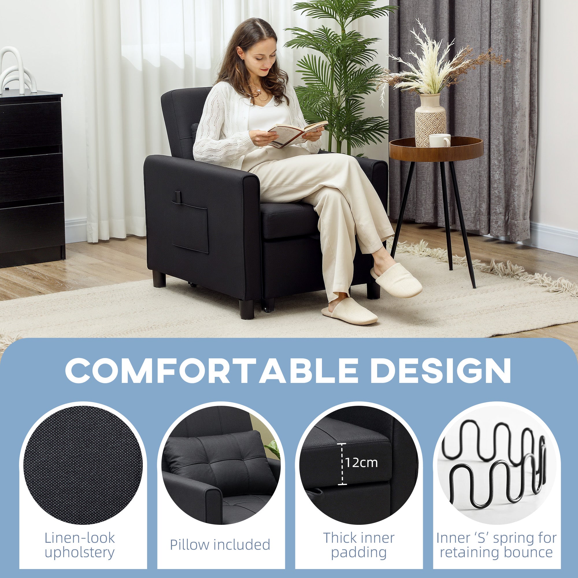 Linen-Look Single Chair Bed - Black