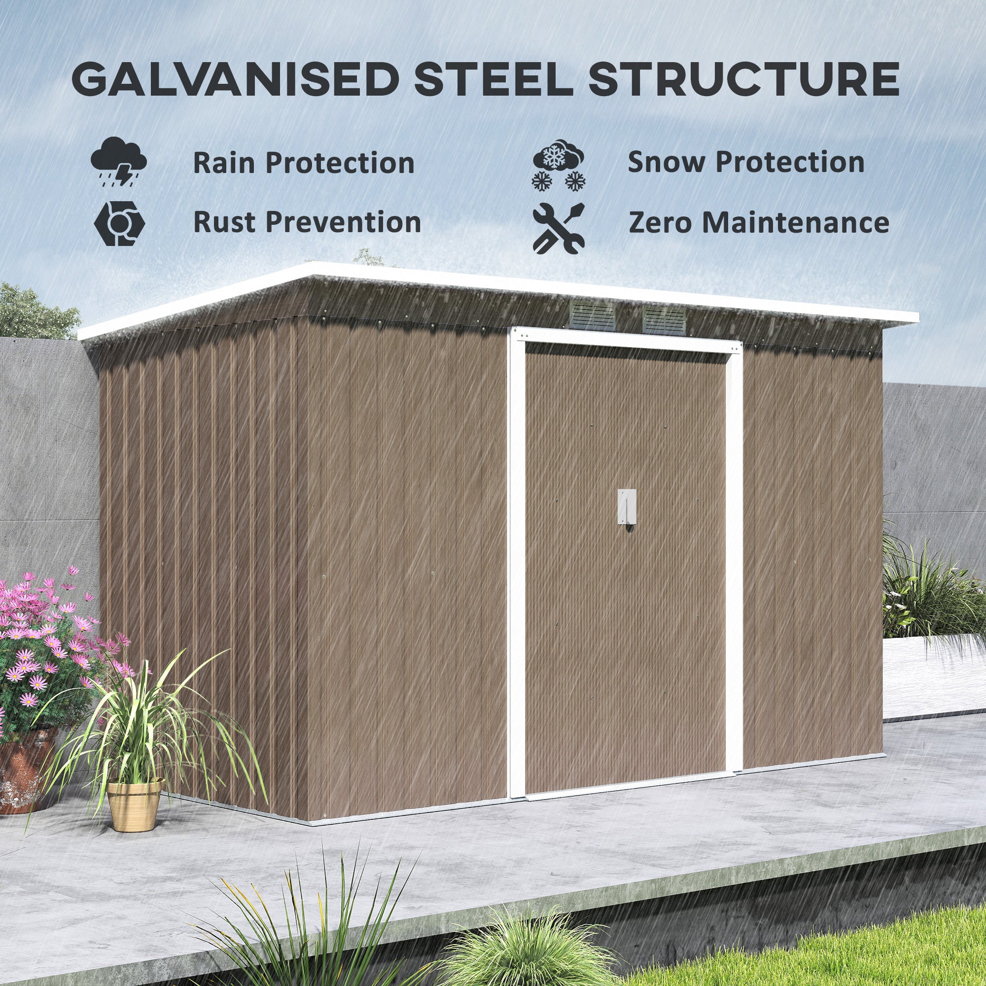 9ft x 4ft Metal Garden Shed with Foundation Kit and Ventilation - Light Grey Wood Grain