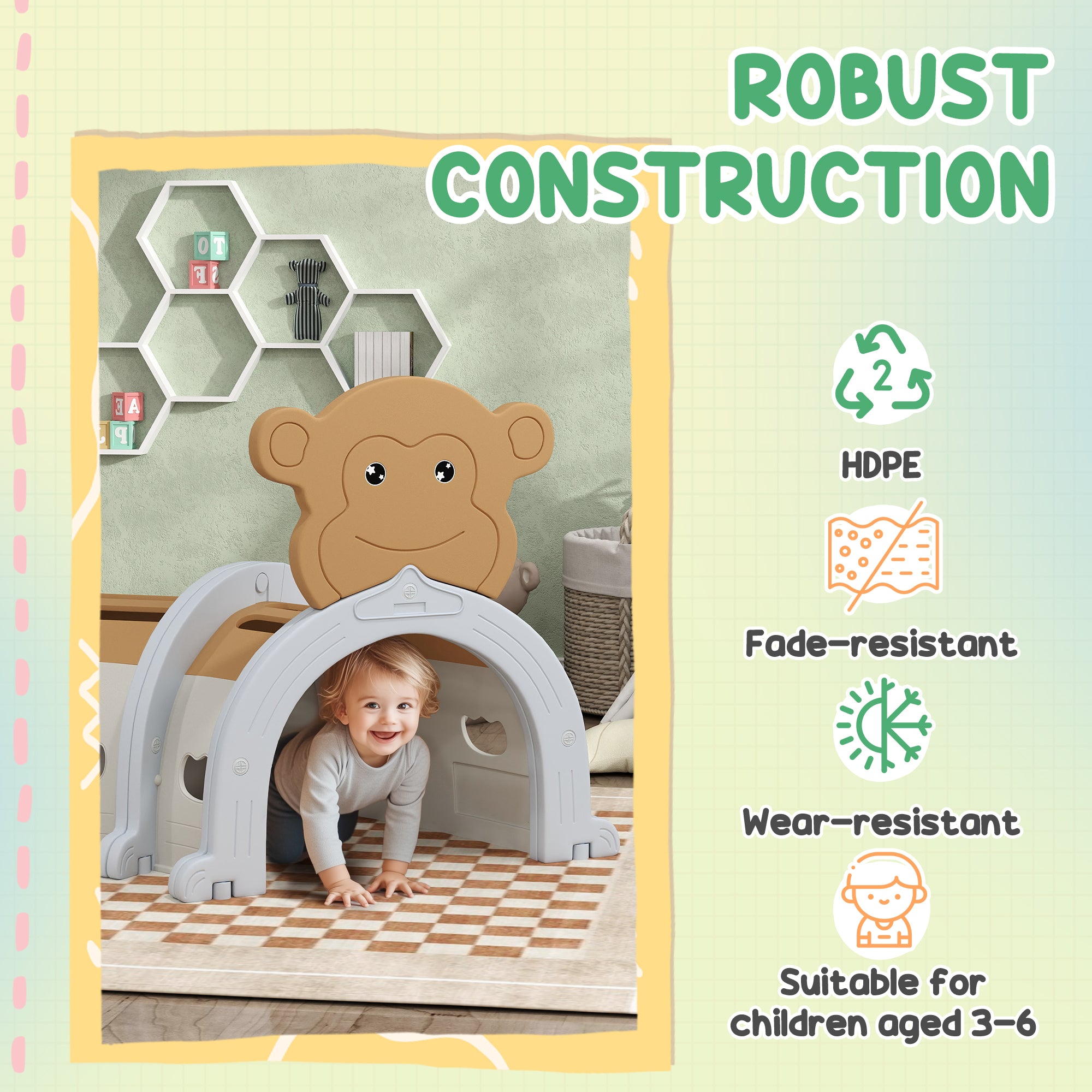 Monkey Design Kids Play Tunnel for Crawl and Climb, for 3-6 Years, Brown