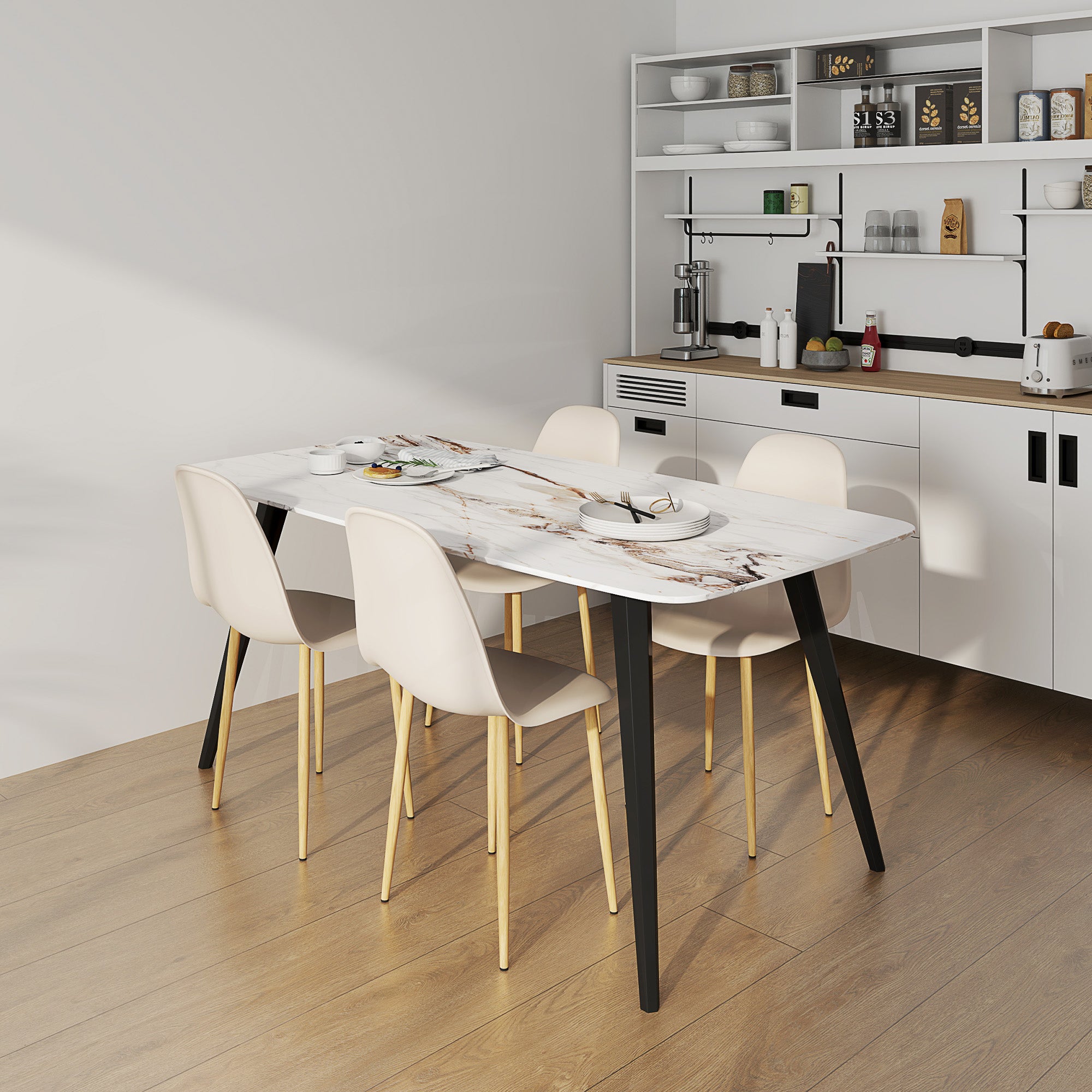 Modern Dining Chairs Set of 4, Kitchen Chairs with Backrest and Steel Legs for Dining Room, Living Room, Khaki