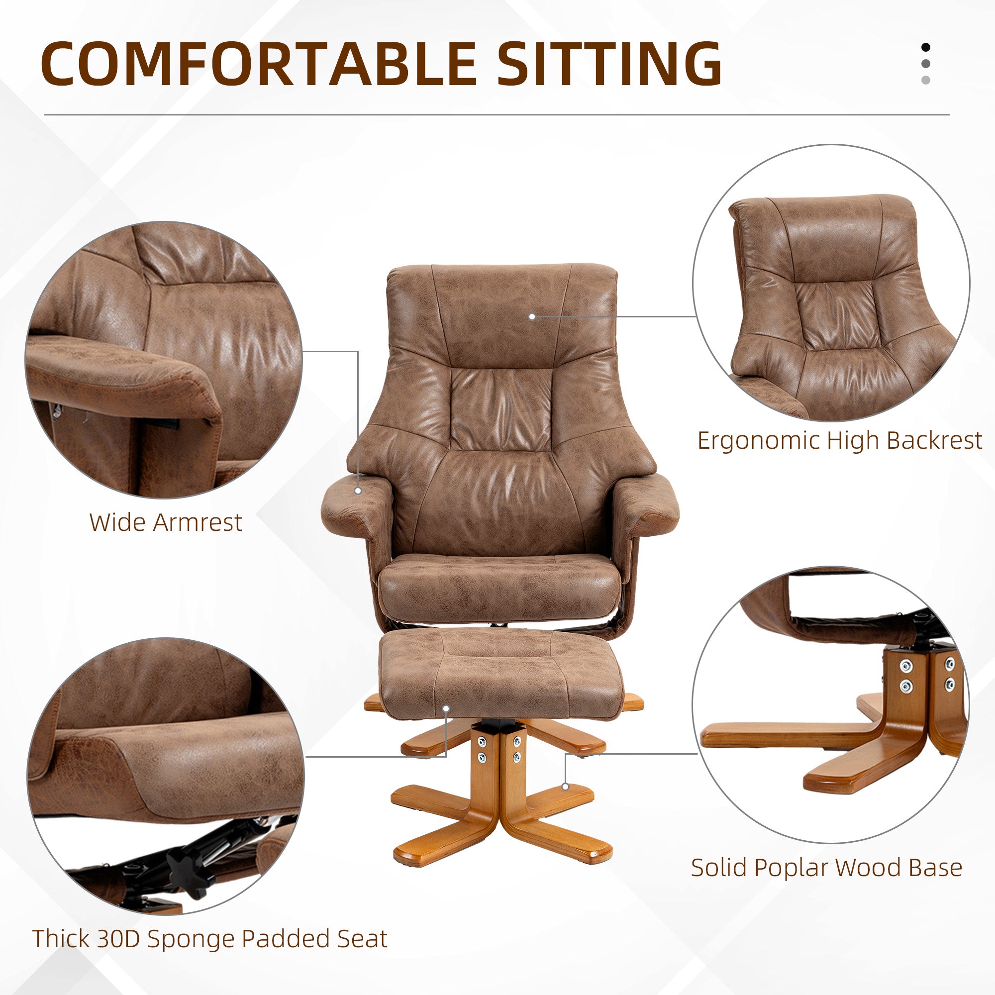 Recliner Chair With Footstool, Swivel Lounge Armchair, 135° Reclining Chair With Soft Padded Seat and Armrest For Living Room, Bedroom, Brown