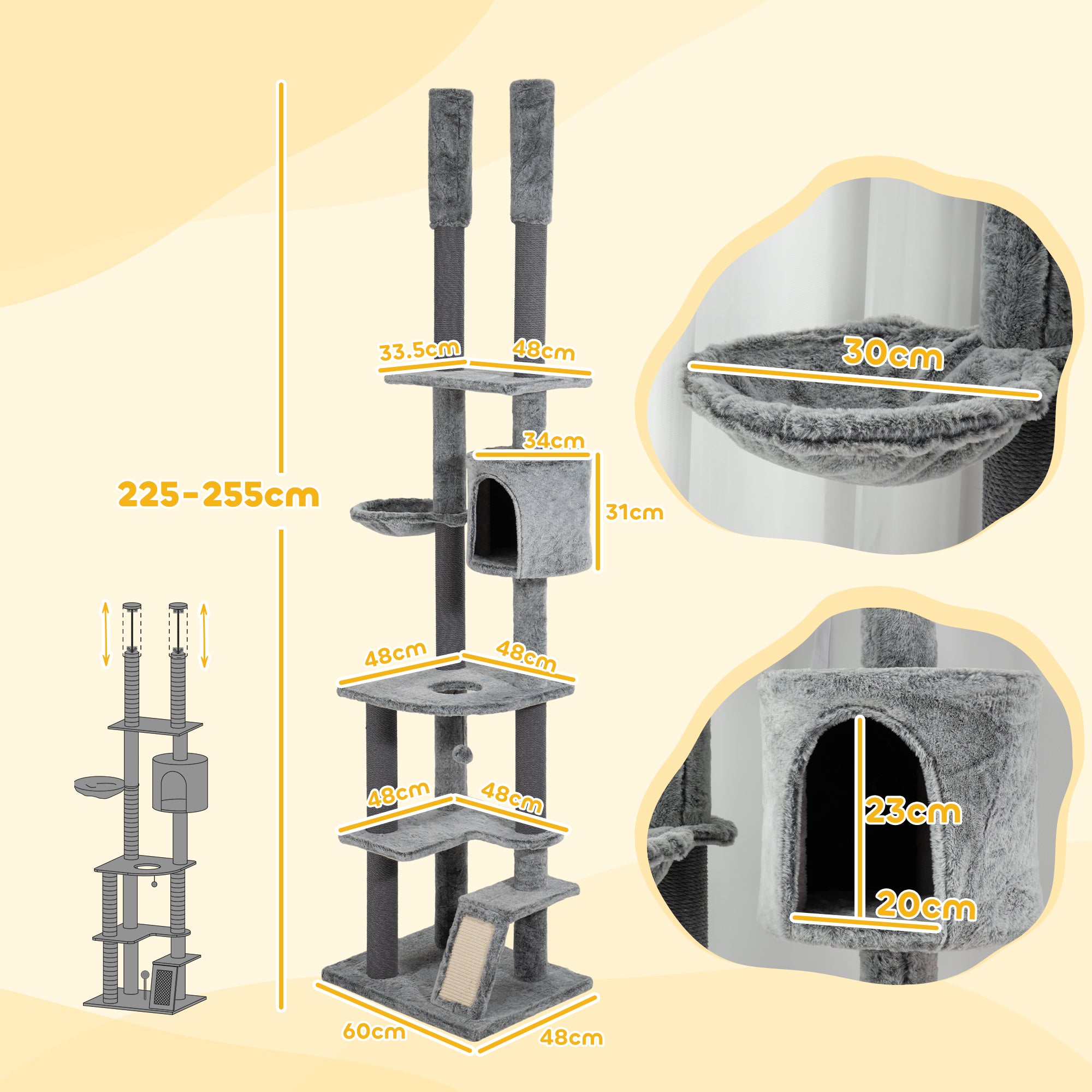 225-255cm Height Floor-to-Ceiling Cat Tree Large Cat Tower w/ Cat Scratching Posts, Ramp, Condo