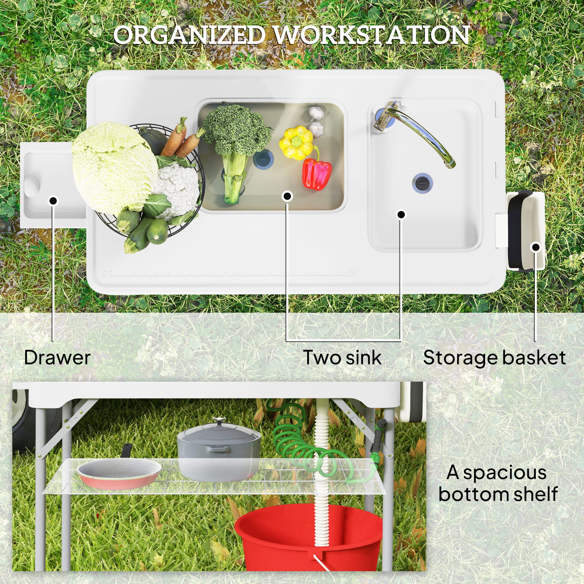 Folding Fish Cleaning Table with Sinks, Portable Camping Sink Table with Faucet, Drainage Hose