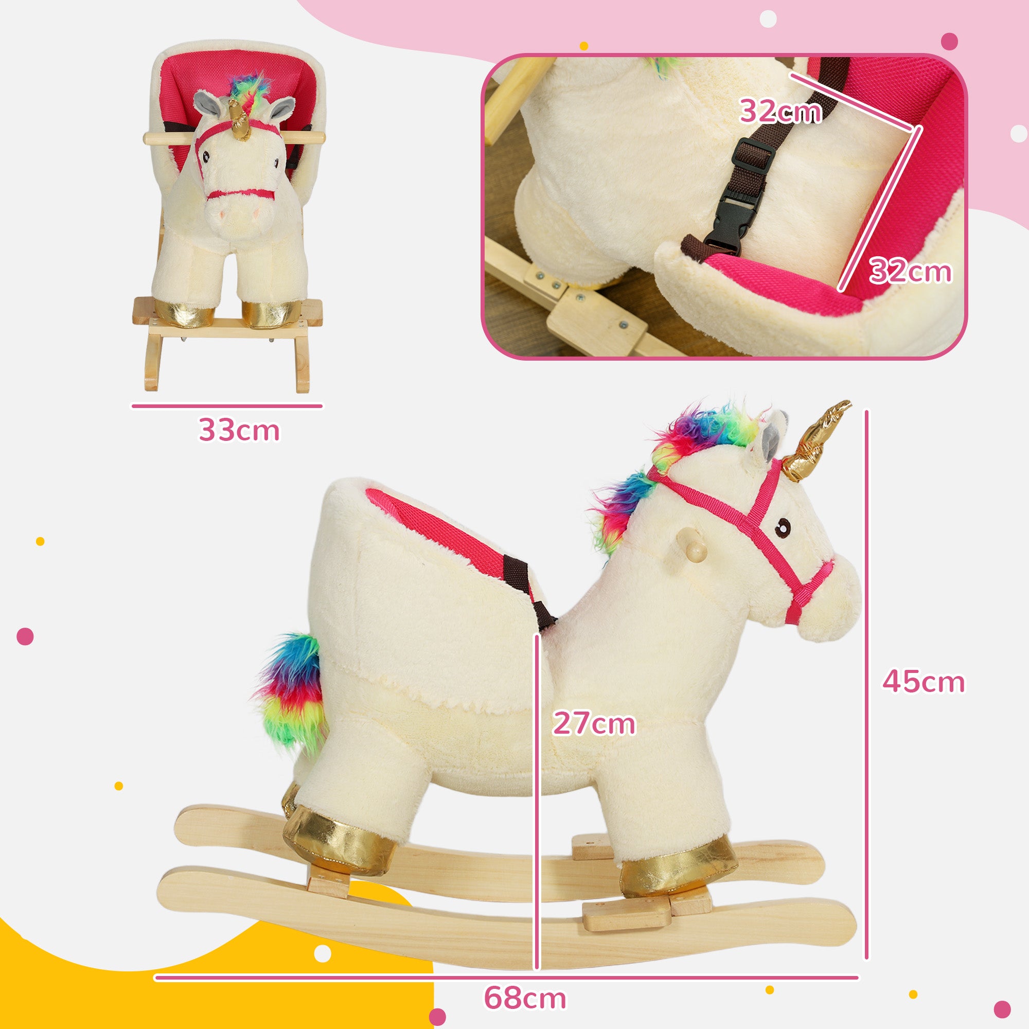 Kids Rocking Horse with Realistic Sound, Safety Belt, Wooden Base, for Toddlers 18-36 Months