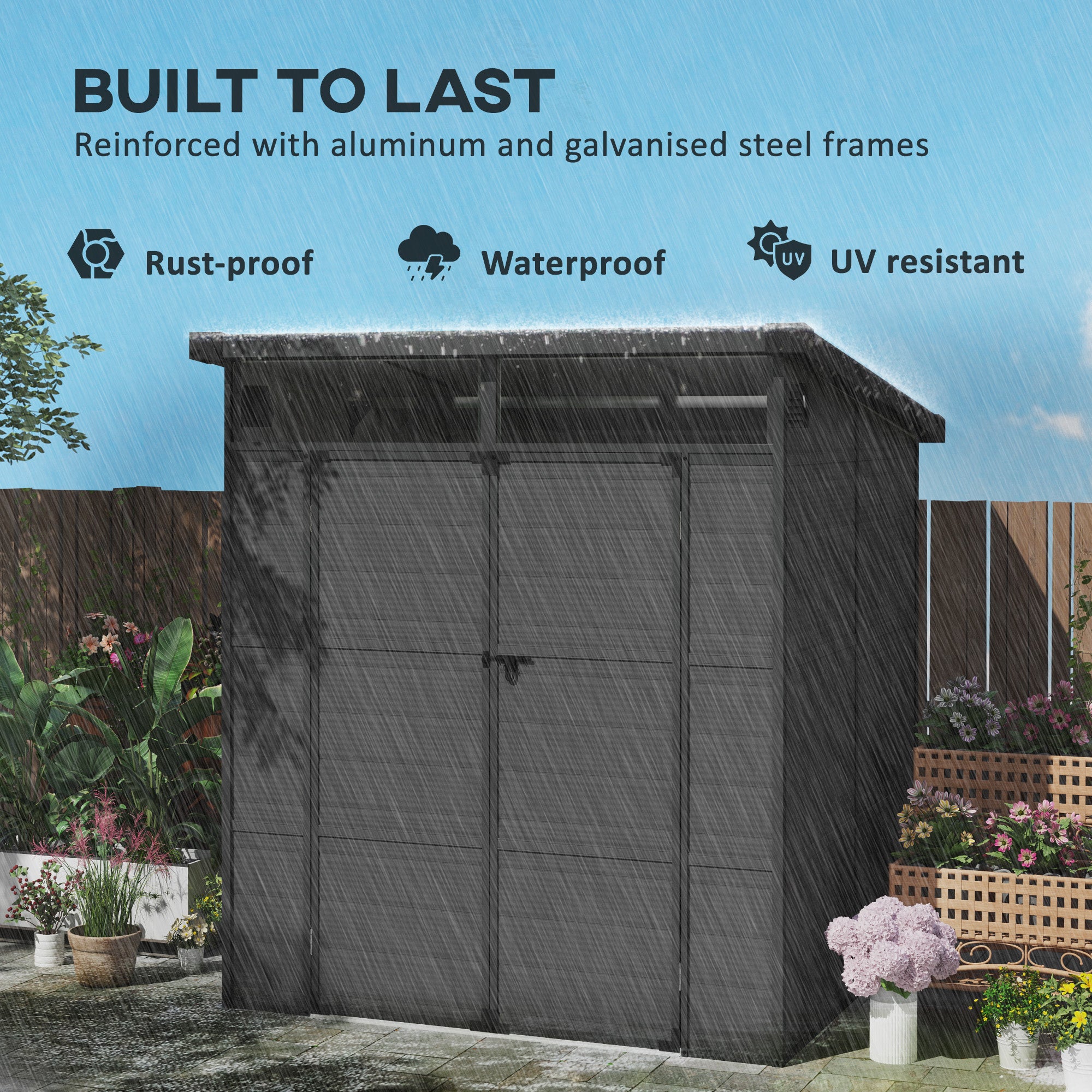 6 x 6ft Outdoor Storage Shed, Plastic Garden Shed with Windows and Air Vents, Outdoor Resin Tool Shed with Latch Doors for Garden, Deck, Dark Grey