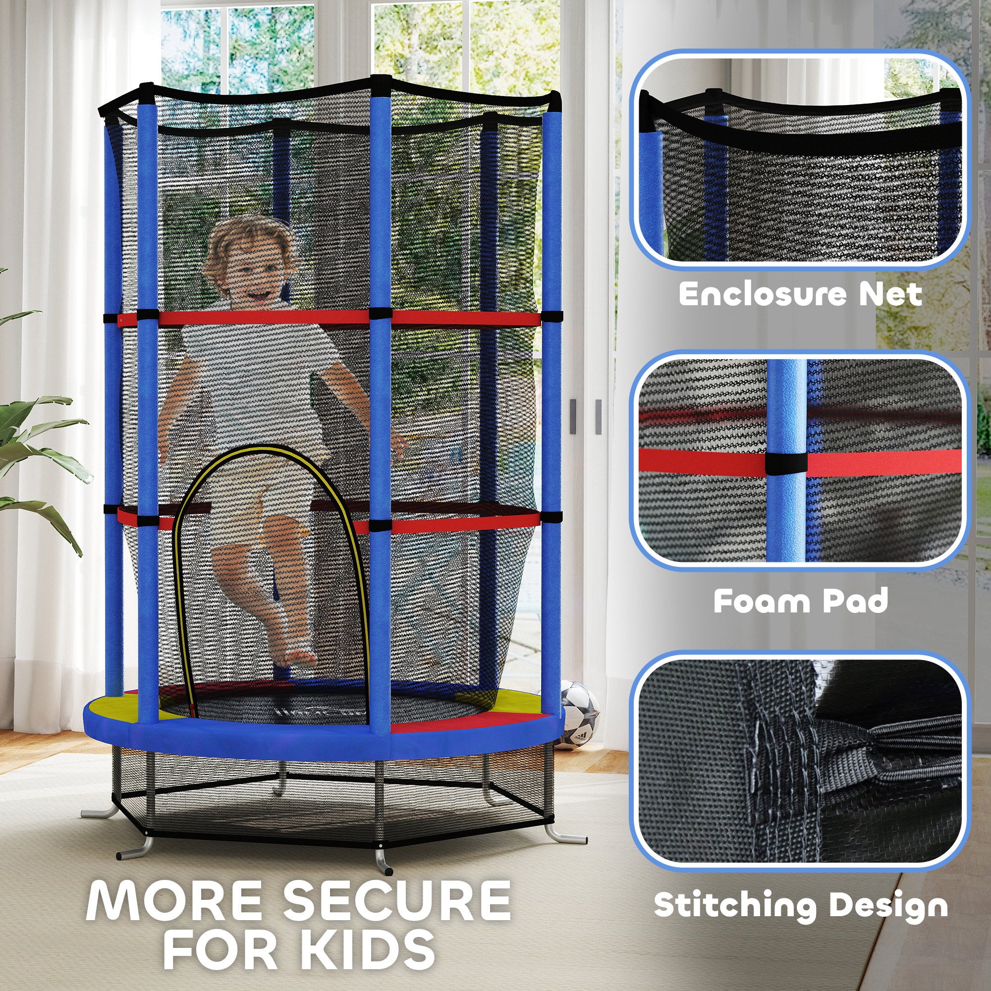 Kids Trampoline, with Enclosure Net, Steel Frame, for Ages 3-6 Years - MultiColoured