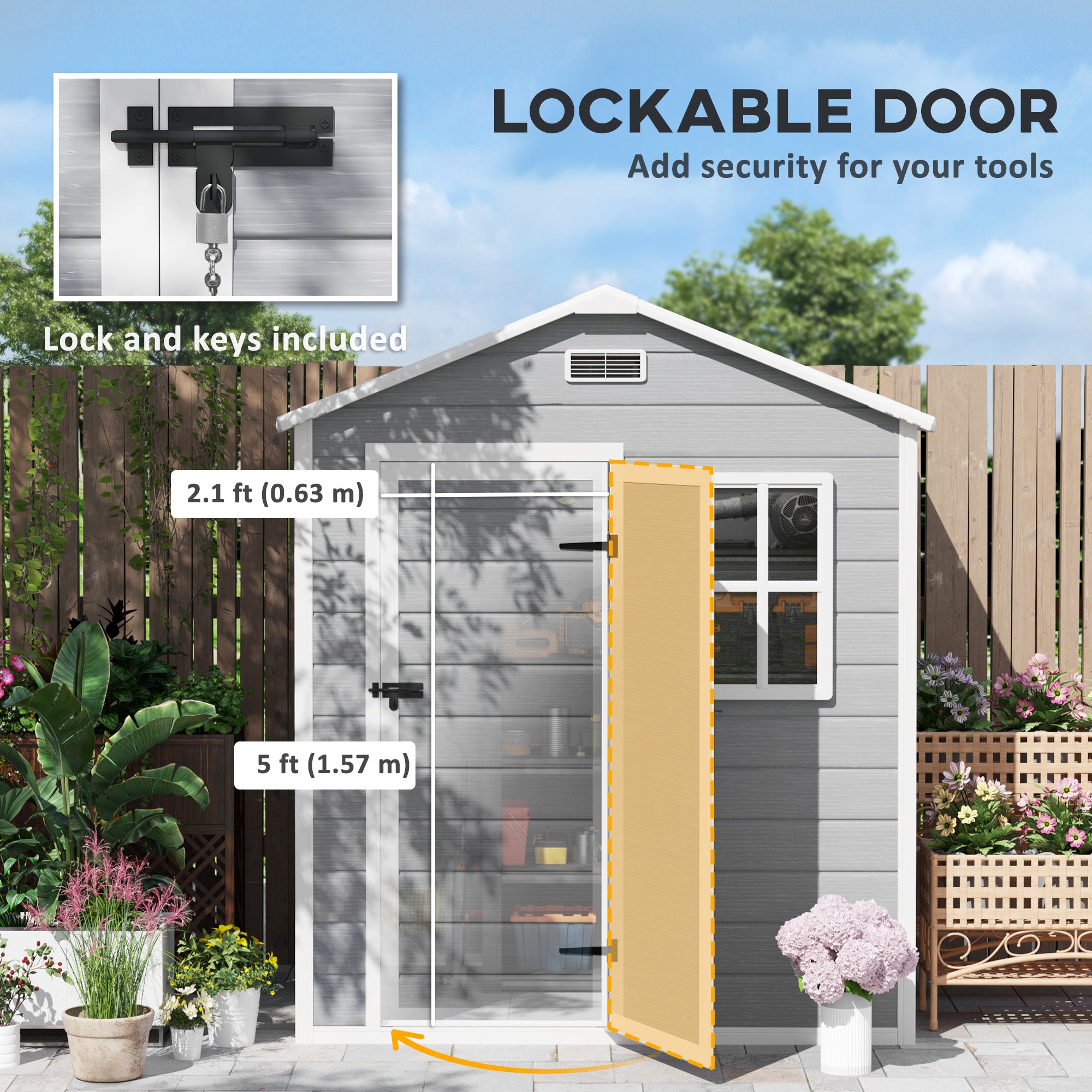 6 x 4ft Plastic Garden Shed with Floor and Lockable Door - Grey Wood Effect