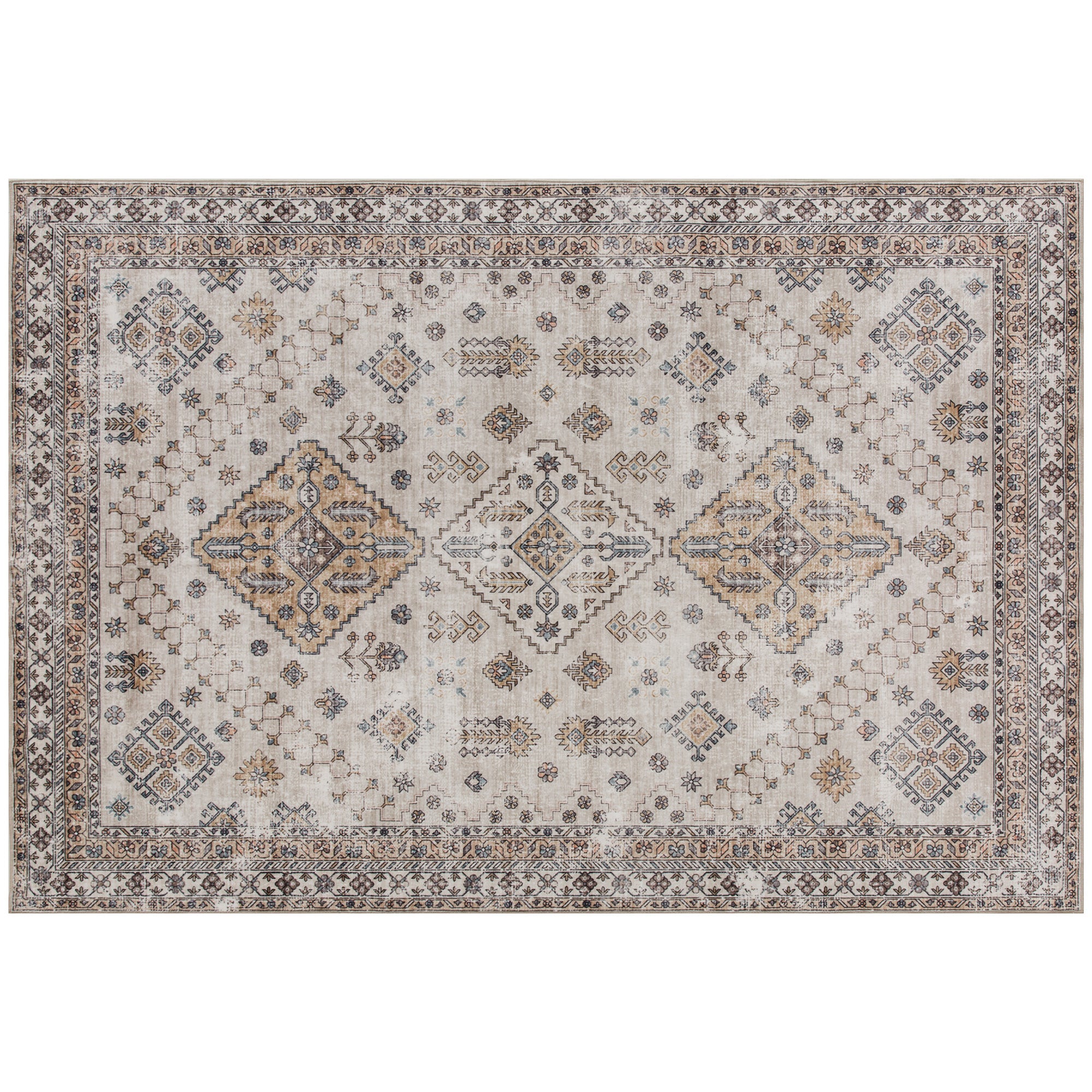 Vintage Area Rug, Non-Slip Washable Rug, Flannel Floor Carpet for Living Room, Bedroom, Dining Room, Home Office, 230 x 160 cm, Beige