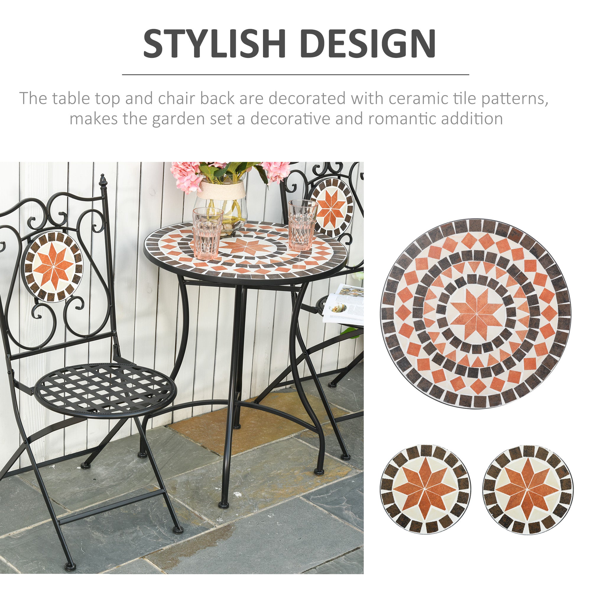 Three-Piece Mosaic Bistro Table Set with Foldable Chairs - Multicoloured