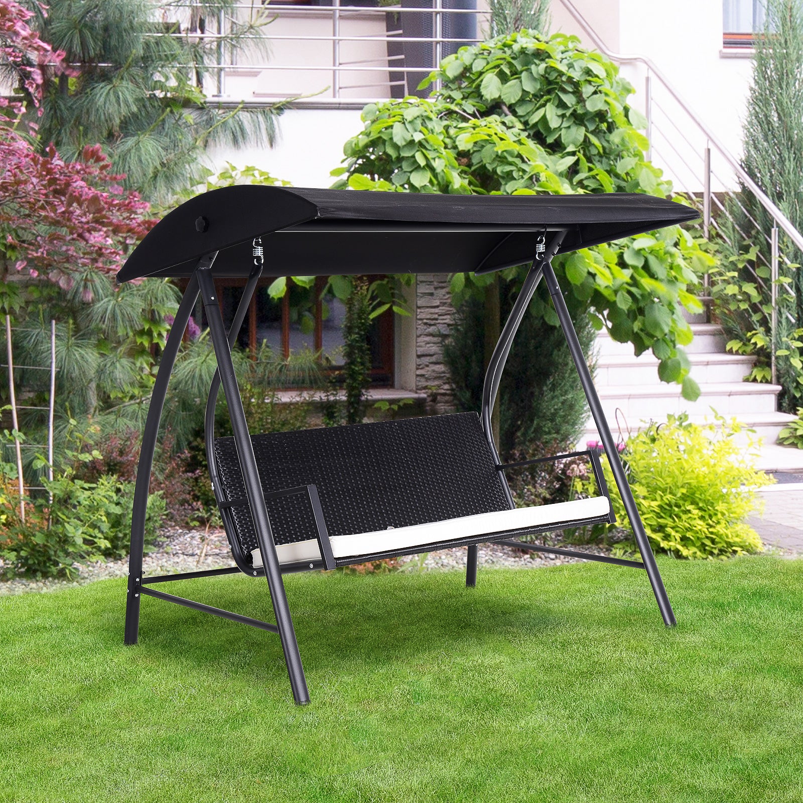 Rattan Garden Swing Chair 3-Seater Black