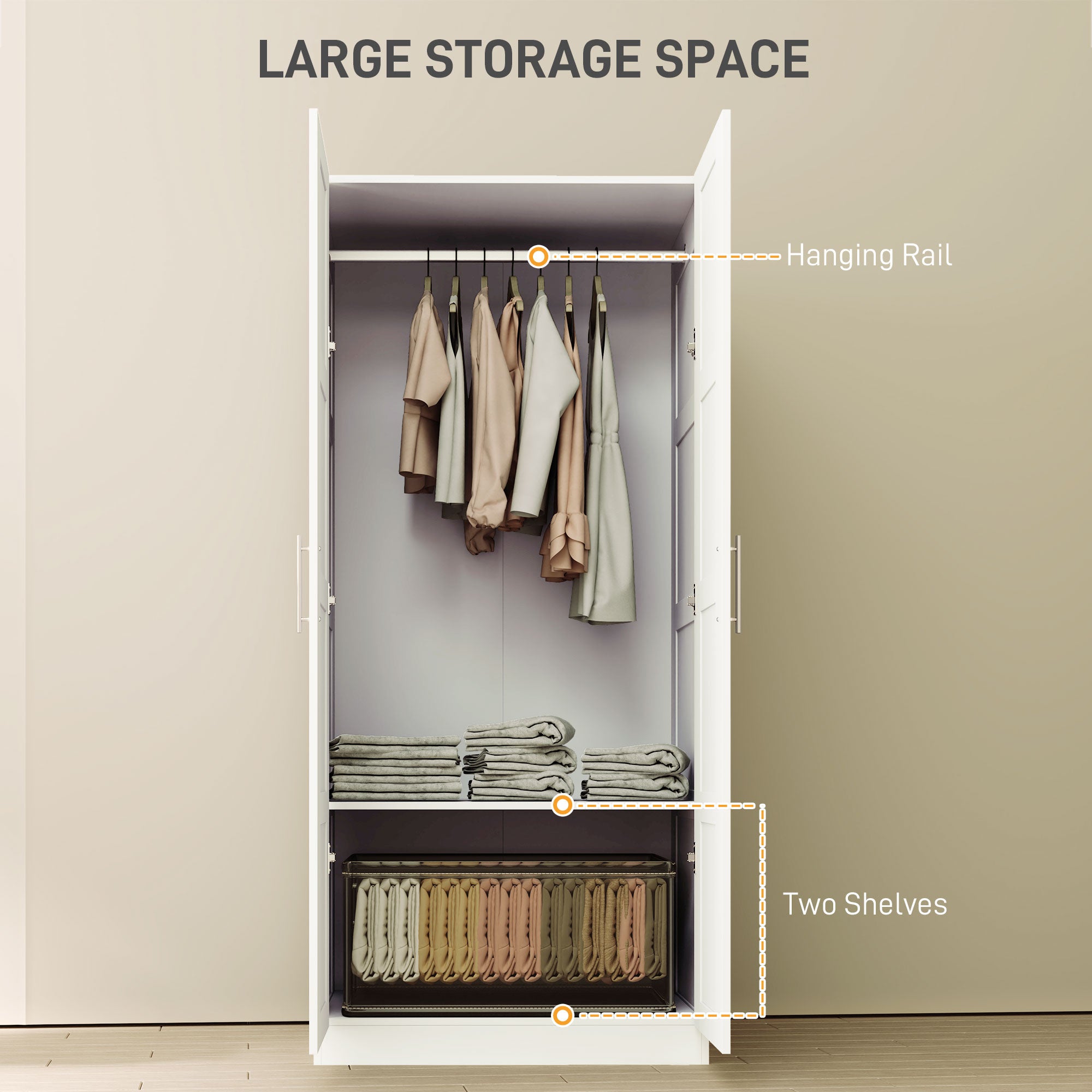 Double Paneled Wardrobe with Shelves for Extra Storage - White