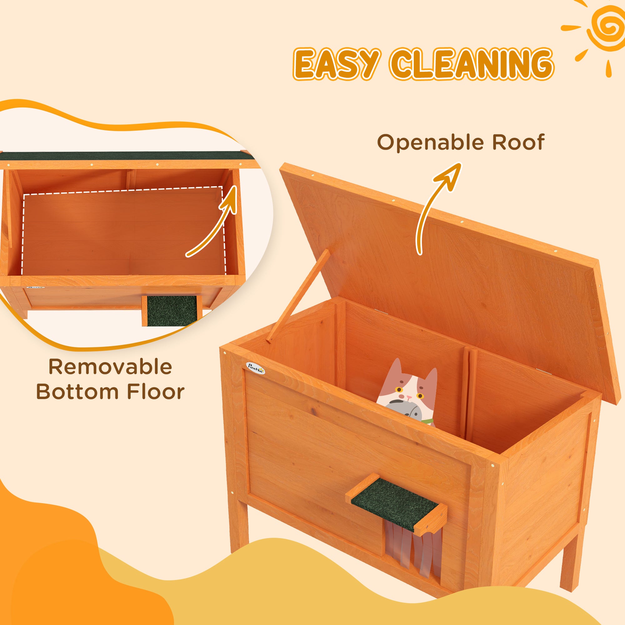 Feral Cat House, Wooden Insulated with Removable Floor, Water-Resistant Openable Roof - Orange