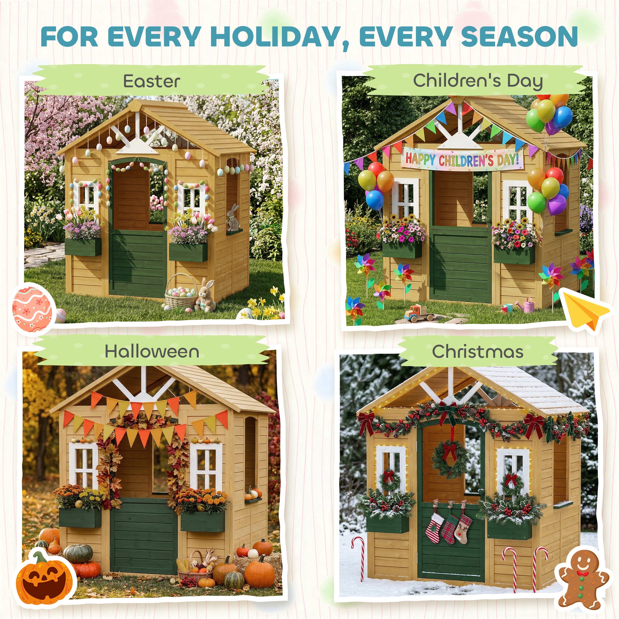 Outdoor Kids Playhouse, Wooden Wendy House with Door, 3 Windows, 2 Flower Boxes for Garden, Indoor Playroom