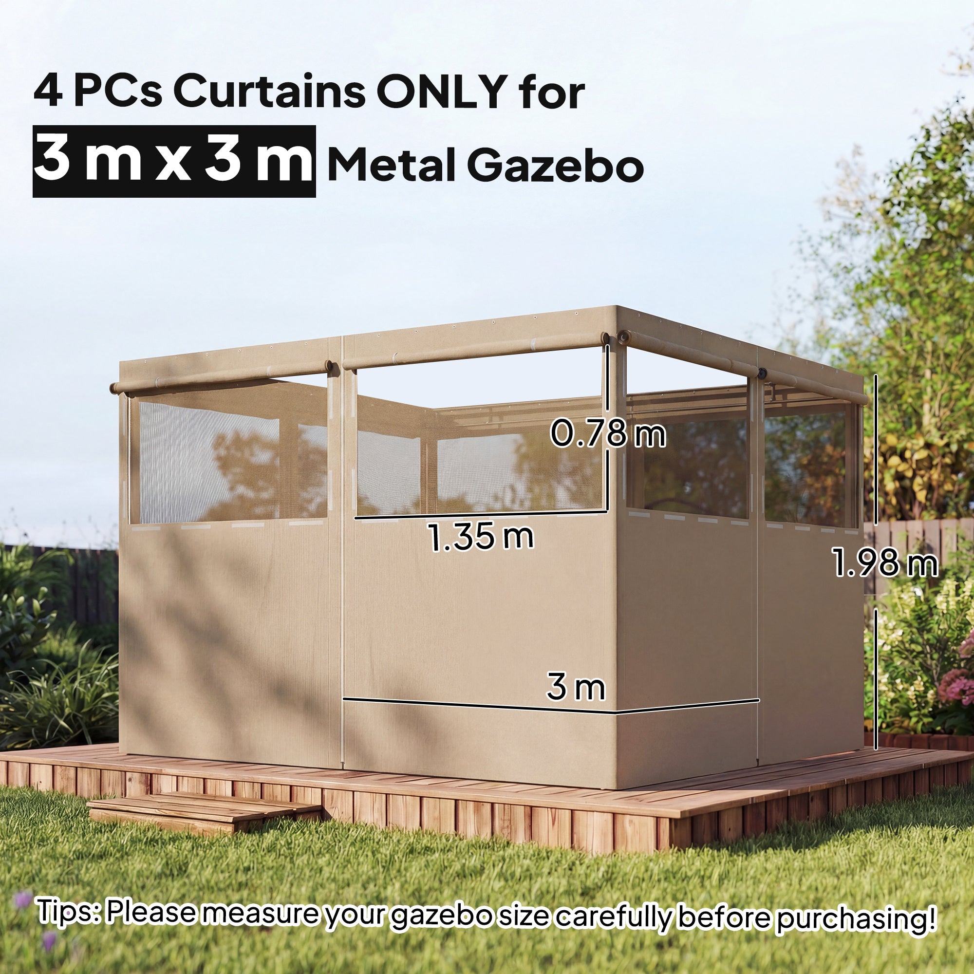 4 Pack Replacement Gazebo Curtains Privacy Panel for Most 3 x 3 m Gazebo, Outdoor Shelter Sidewalls, Khaki