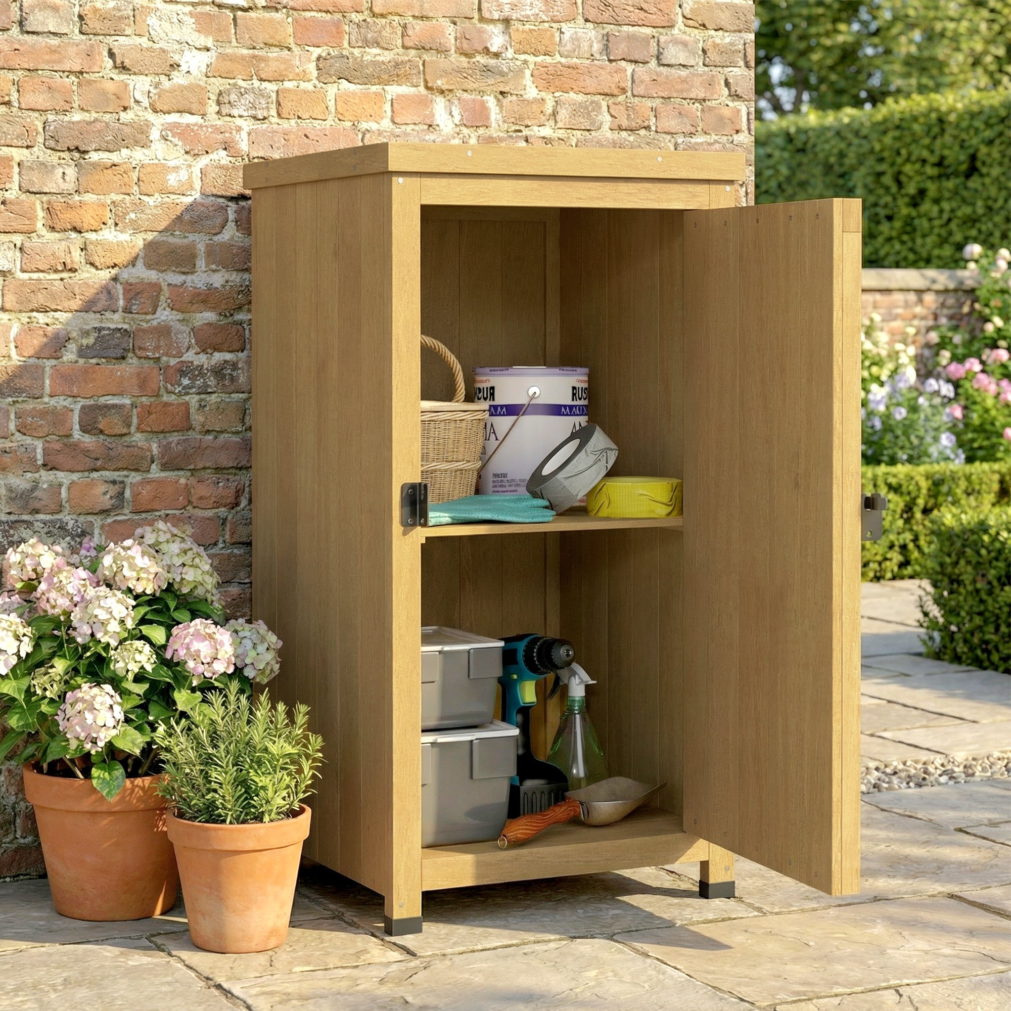 Wooden Garden Shed, Garden Tool Storage Shed with Metal Top and Shelf, Light Brown