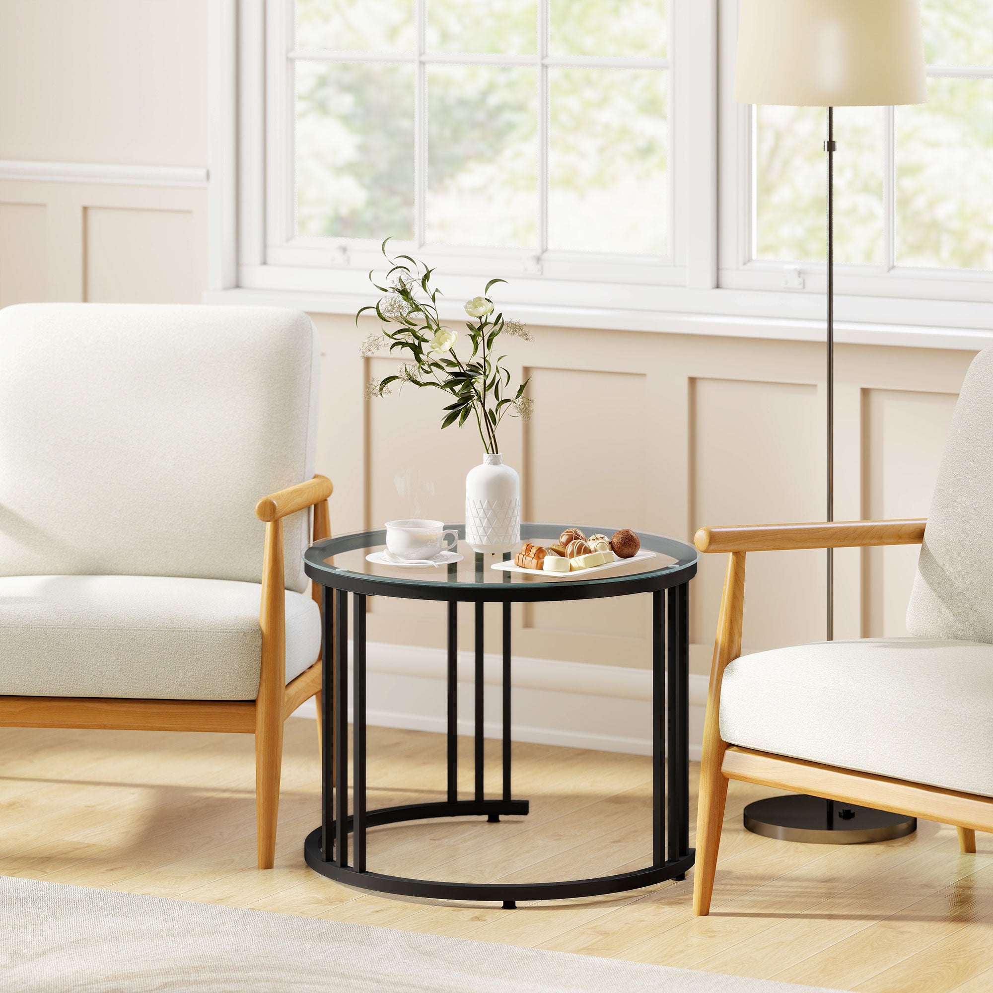 Round Coffee Tables Set of 2, Nesting Tables with Tempered Glass Top and Steel Frame, Black
