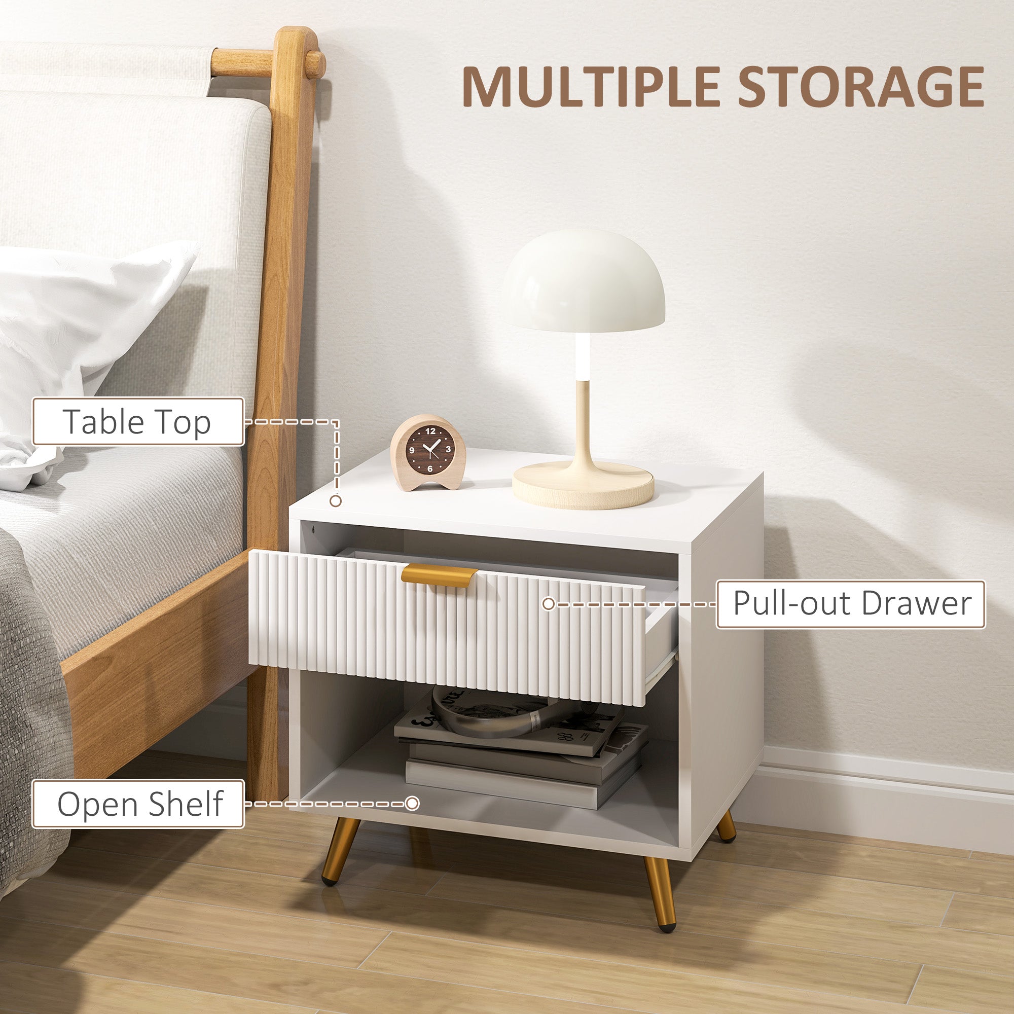 Bedside Tables Set of 2, Bedside Cabinets With Drawer and Open Compartment, Nightstands With Handle for Bedroom, Living Room, White