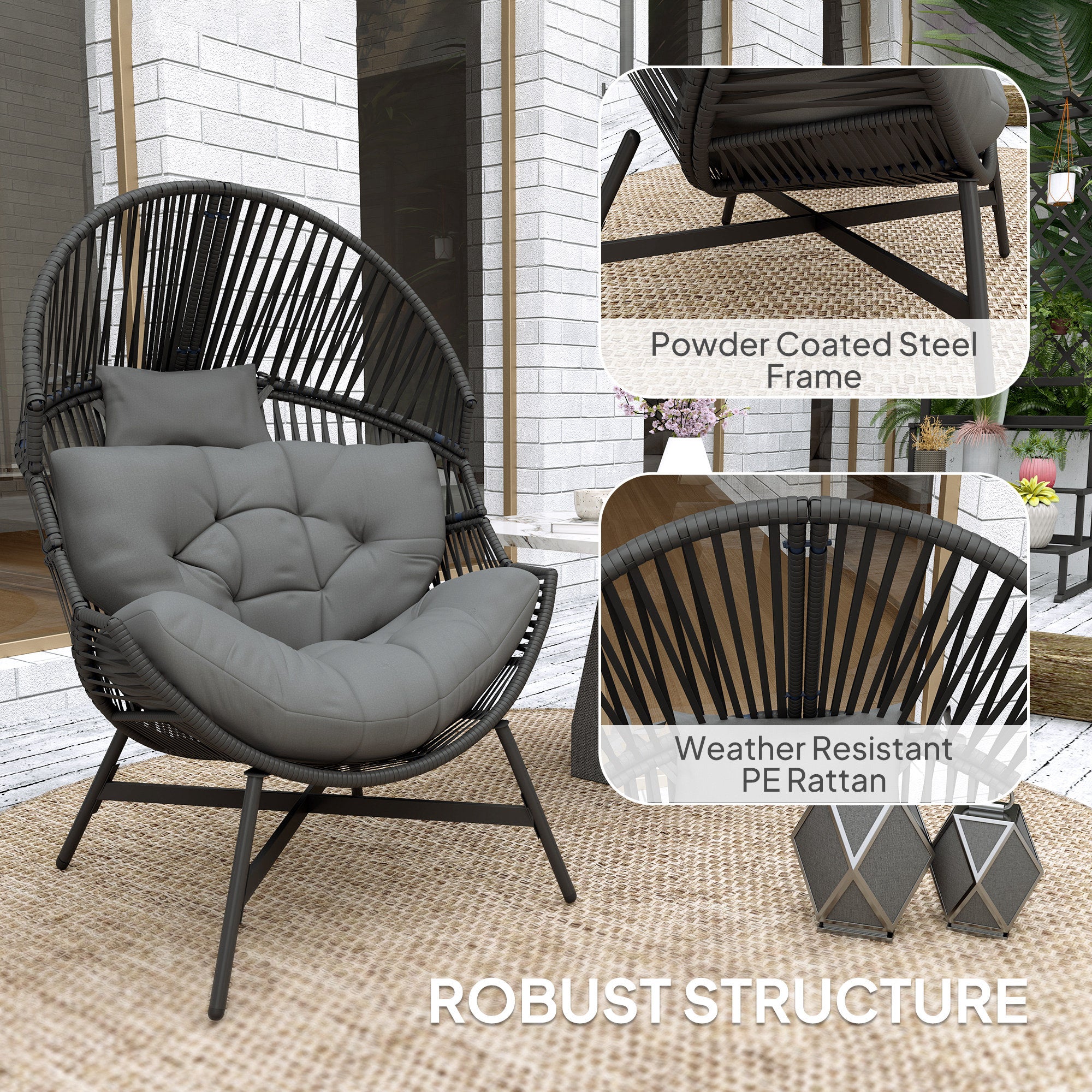 Standing Rattan Egg Chair with Steel Frame and Thick Cushion - Charcoal Grey
