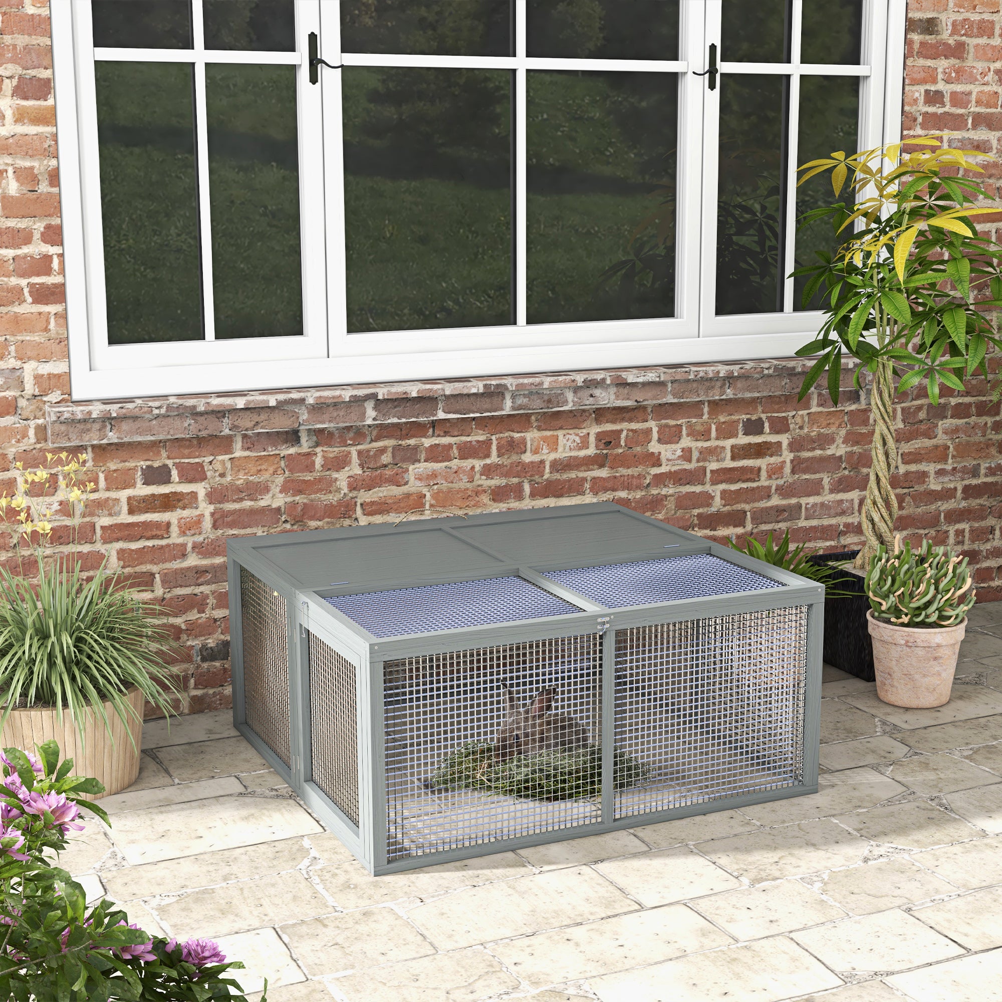 Wooden Folding Rabbit Hutch, for 2-3 Rabbits - Grey