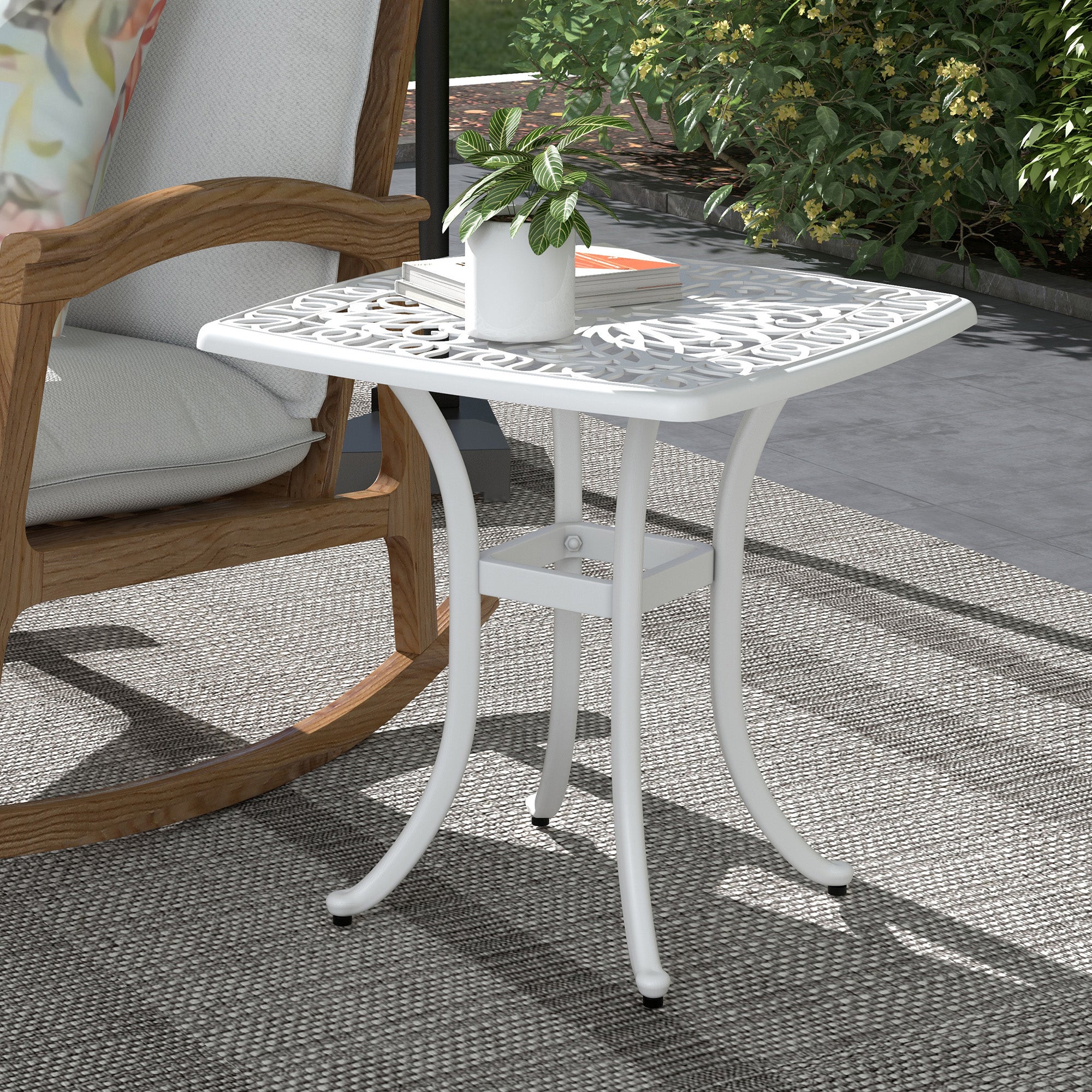Cast Aluminium Square Bistro Table with Umbrella Hole for Balcony - White