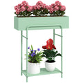2 Tier Metal Plant Stand with Drain Holes and Fence - Green