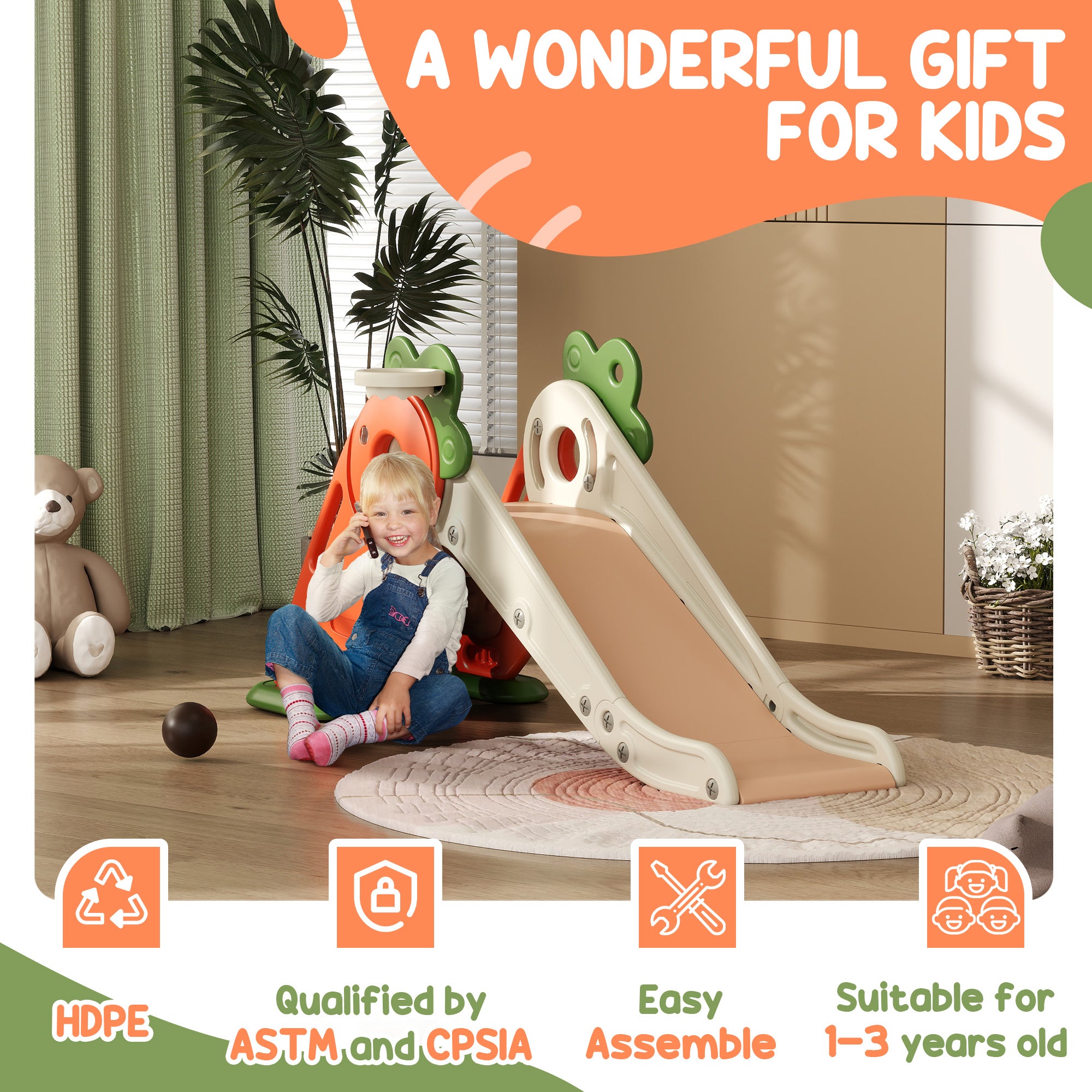 3 in 1 Foldable Toddler Slide with Basketball Hoop, Climber, Carrot-themed, for 1-3 Years