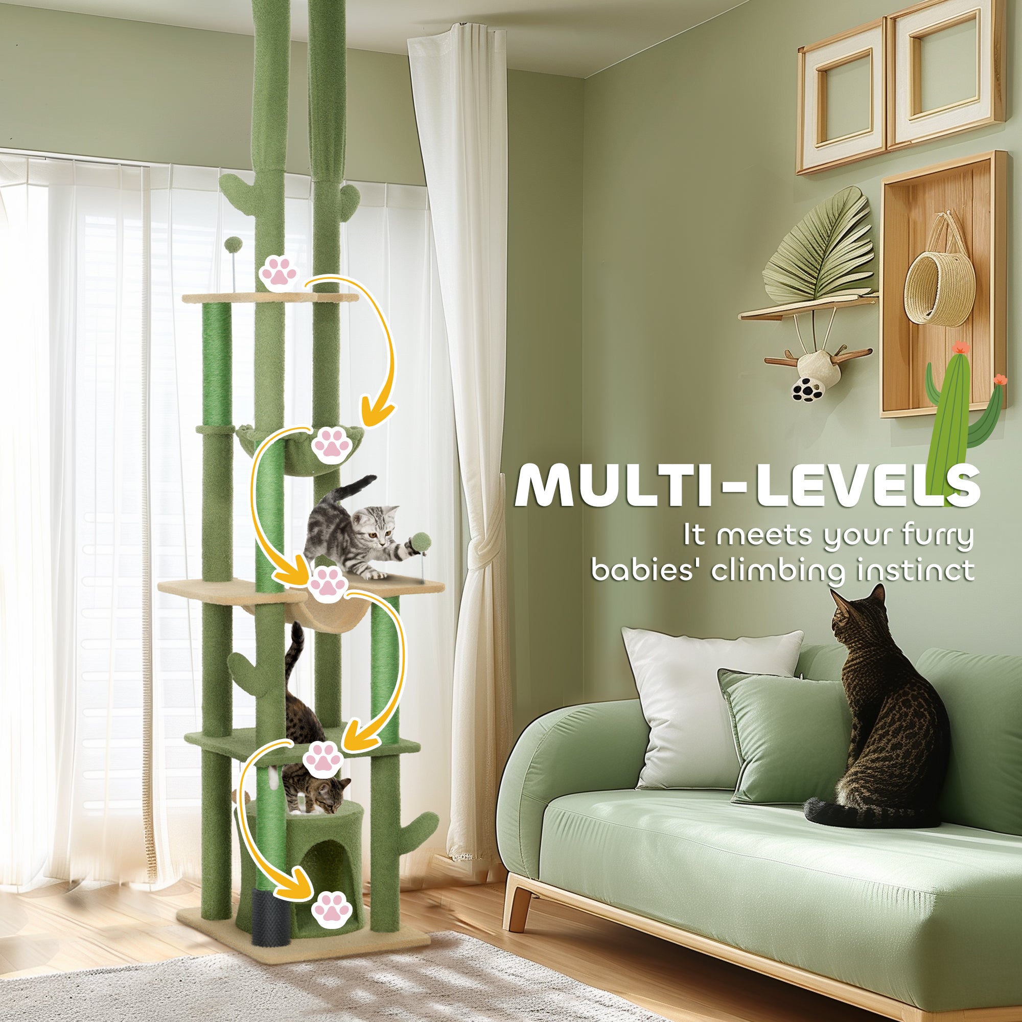 225-255cm Height Adjustable Floor to Ceiling Cat Tree, Tall Cat Tower for Indoor Cats w/ Scratching Posts - Green