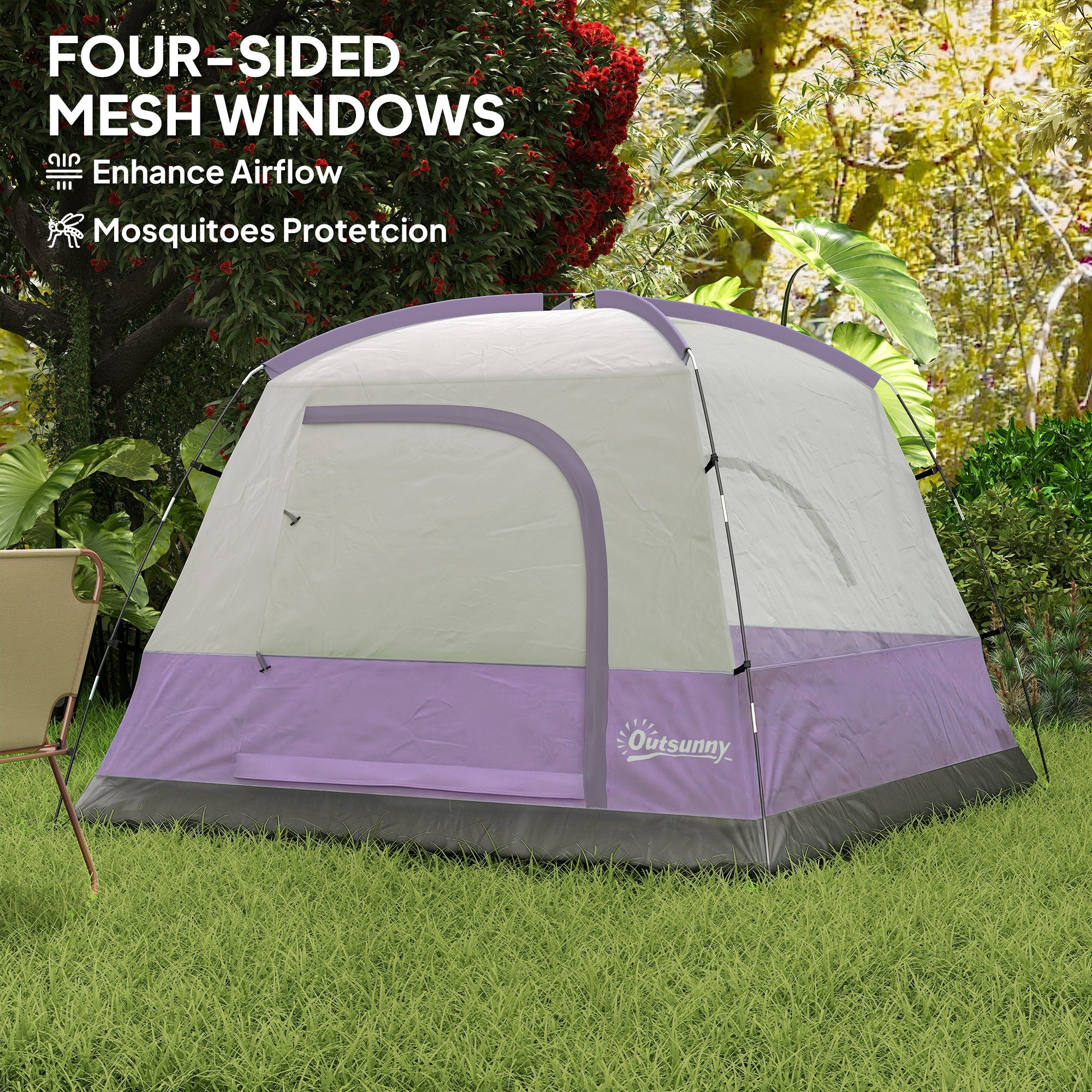 3-4 Person Camping Tent, Easy Set Up 3-4 Man Tent w/ Sewn-in Groundsheet, Waterproof Dome Tent w/ Mesh Windows