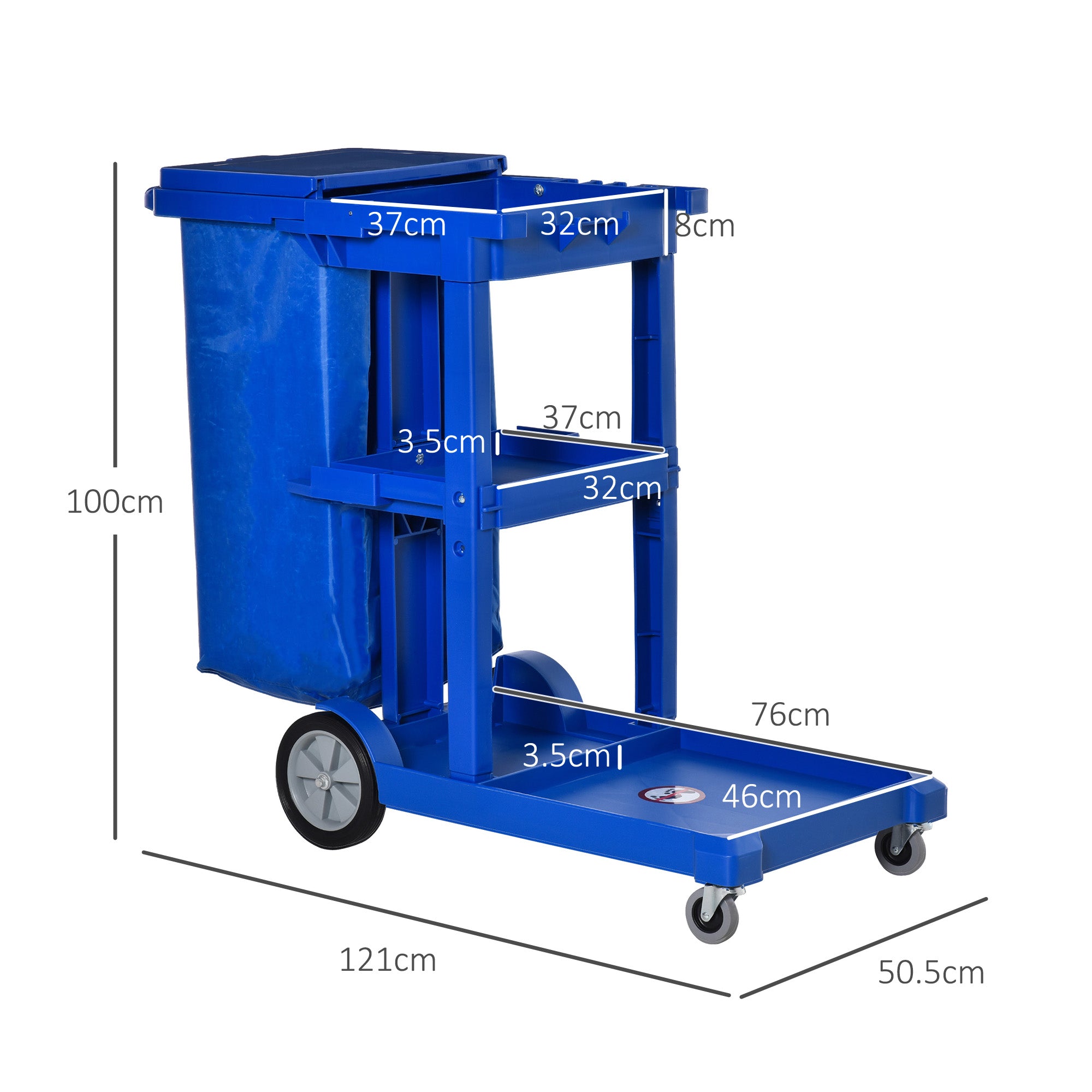 Janitor Cleaning Trolley, with Bin, Shelves and Hooks - Blue