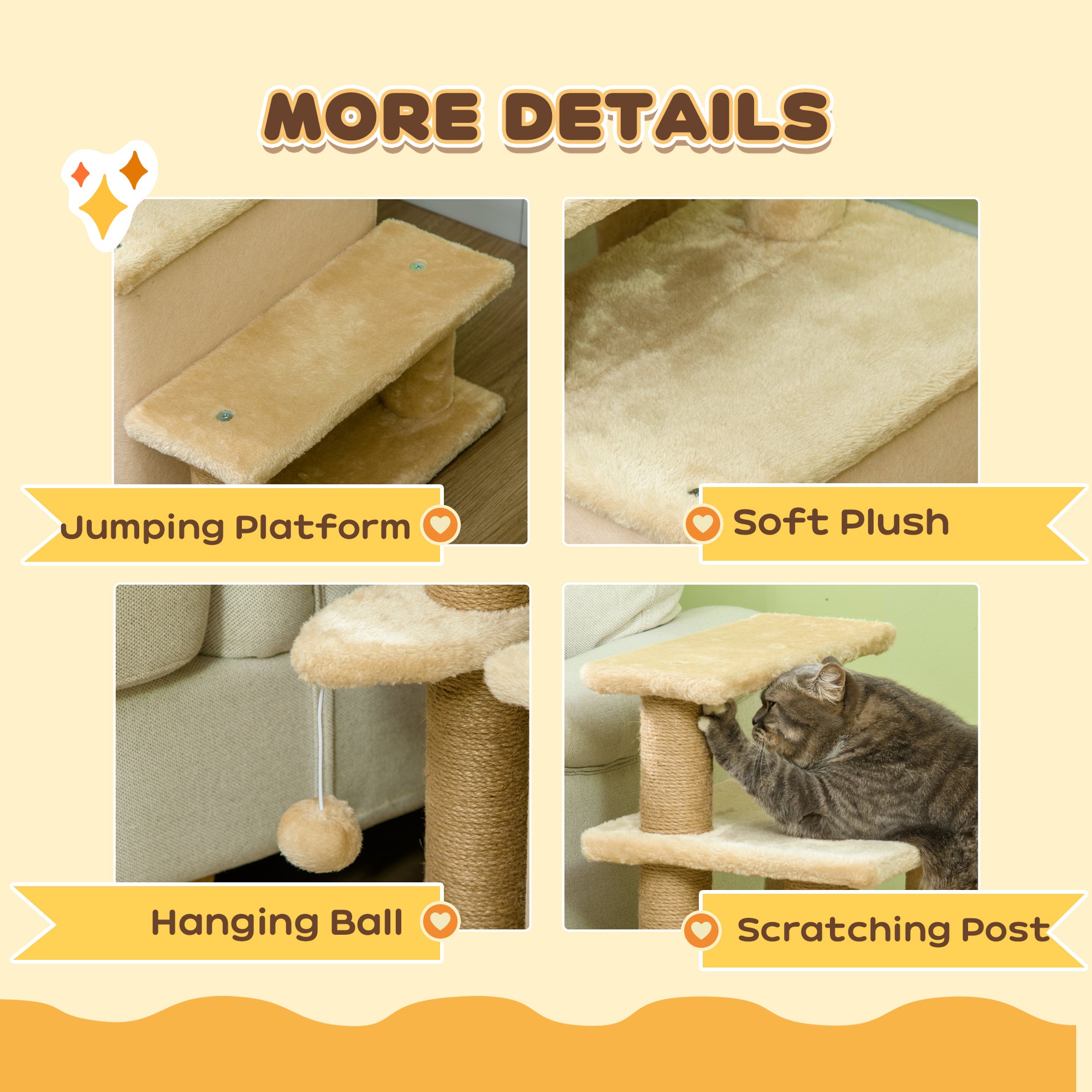 Adjustable Cat Steps, with House & Hanging Toy Ball - Beige