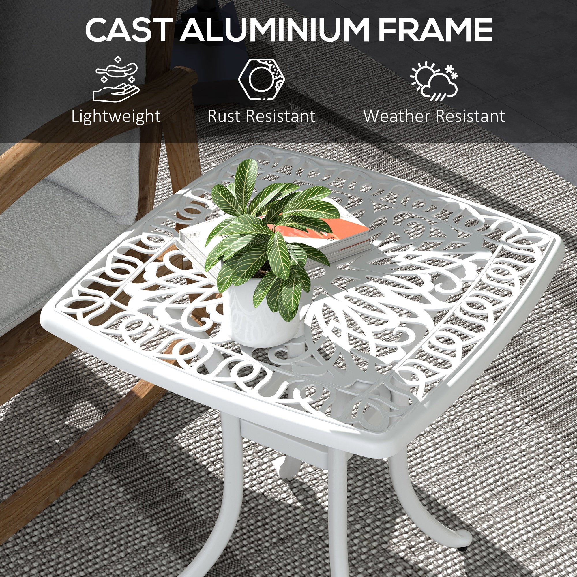 Cast Aluminium Square Bistro Table with Umbrella Hole for Balcony - White