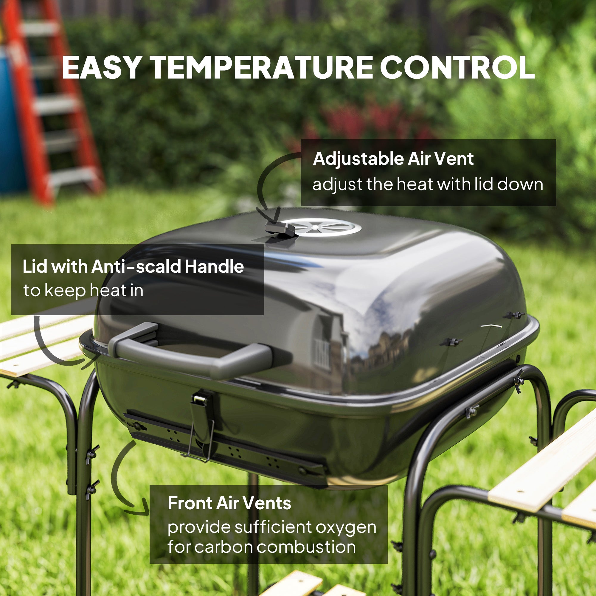 Charcoal Barbecue Grill Portable BBQ Grill with 1840 cm² Cooking Area, 3 Shelves, Adjustable Vent, Lockable Lid, Wheels for Outdoor Cooking, Garden Party, Black