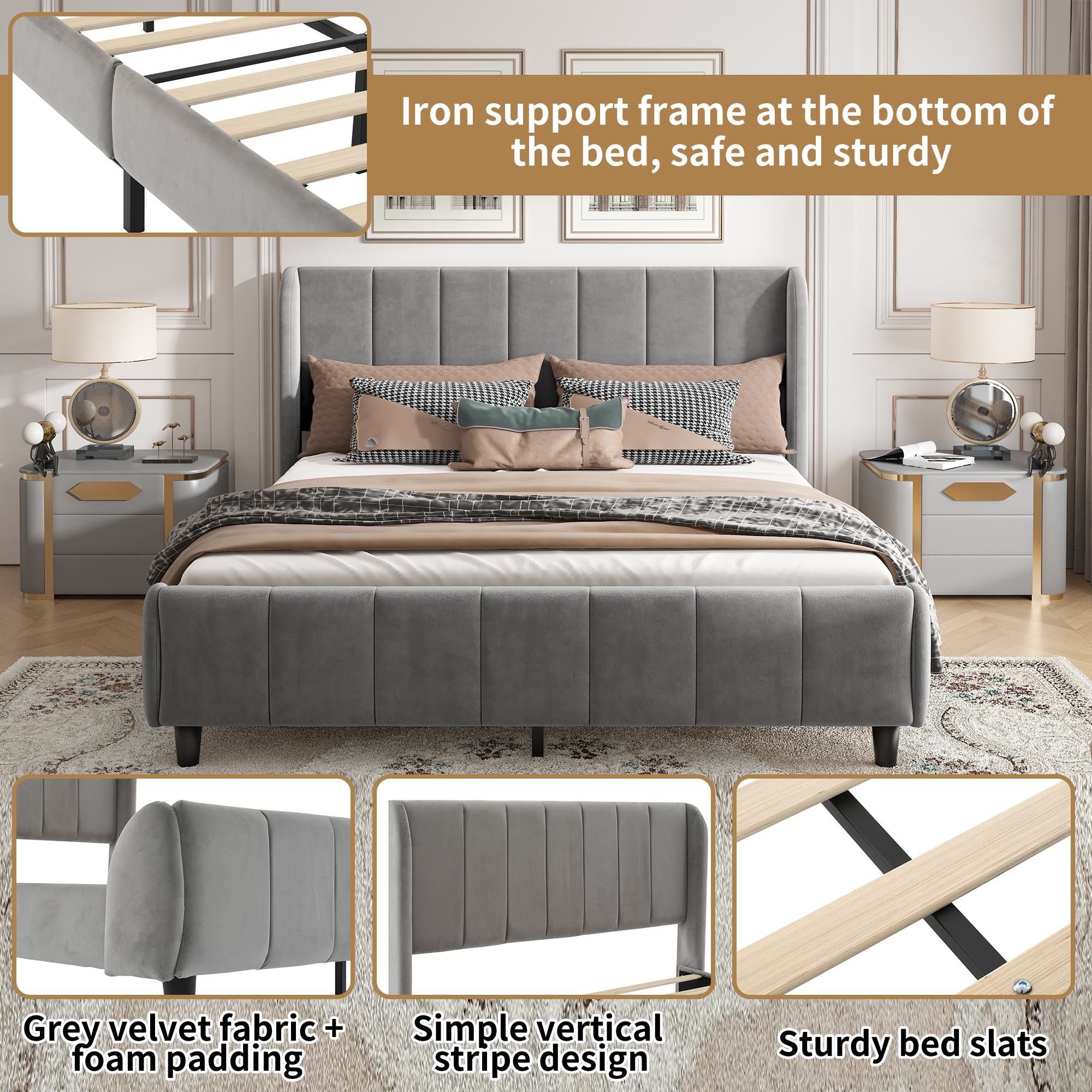 Double Upholstered Velvet Bed with Soft Backrest - Gray