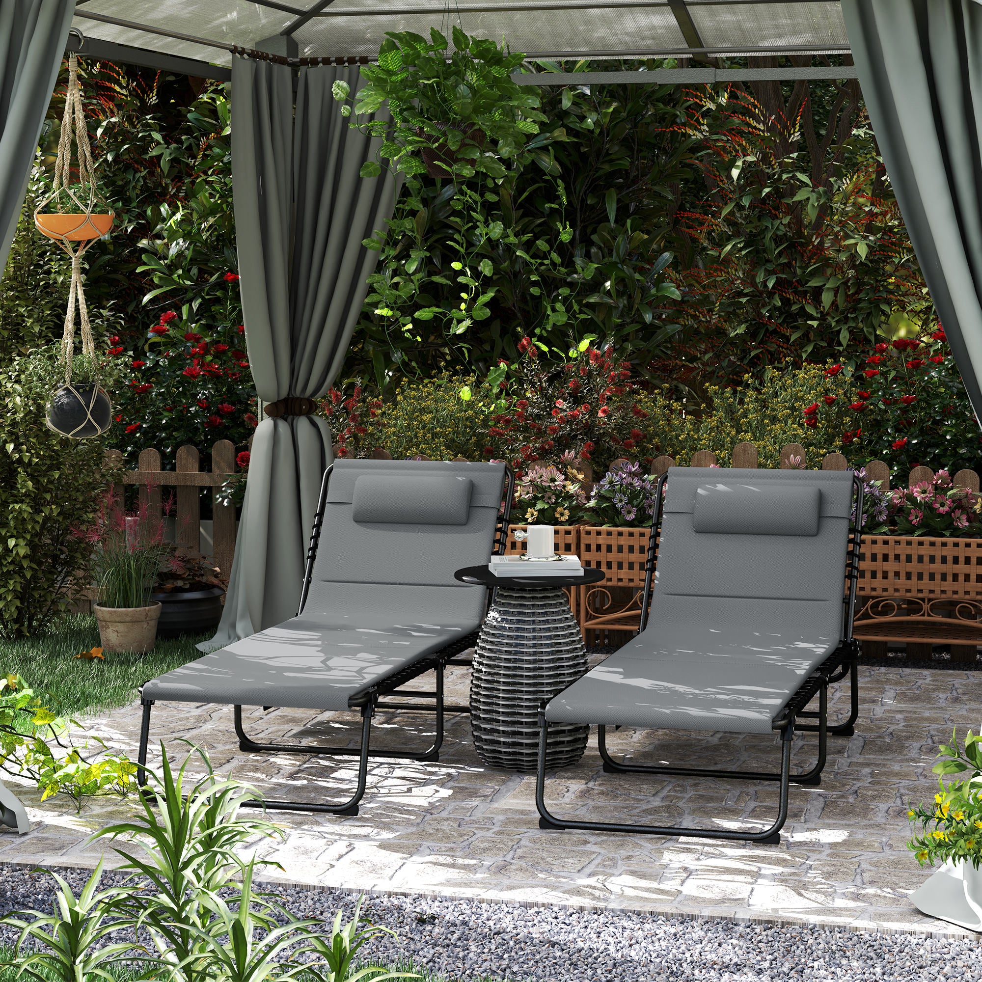 Set of 2 Folding Recliner Sun Loungers with Quick-Dry Pad & Side Pocket - Charcoal Grey