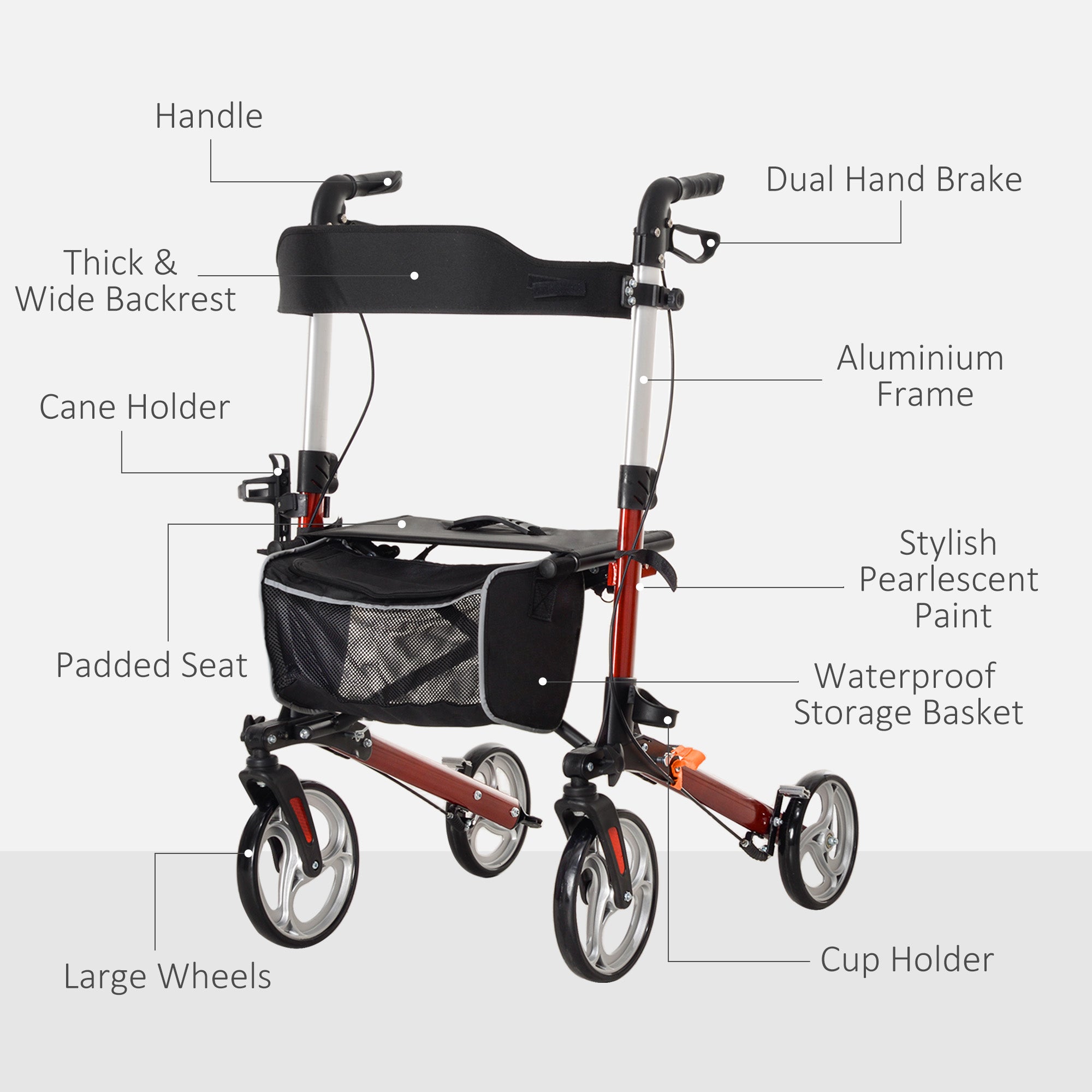 Folding Rollator Walker with Seat and Backrest, Lightweight Walking Frame with Storage Bag, Dual Brakes, Adjustable Handle Height, Cane Holder, 4 Wheeled Walker for Seniors, Red