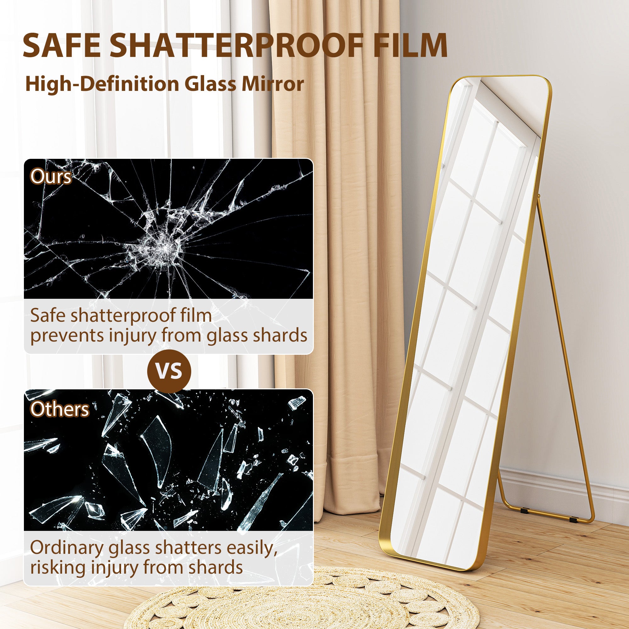 40 x 160 cm Rectangular Full Length Mirror - Gold Tone