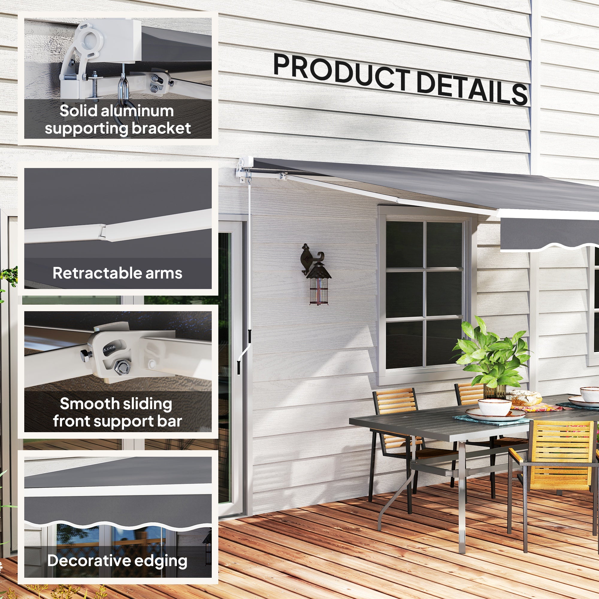 2.5 Metre Manual Retractable Awning Set with Aluminium Frame - Dark Grey