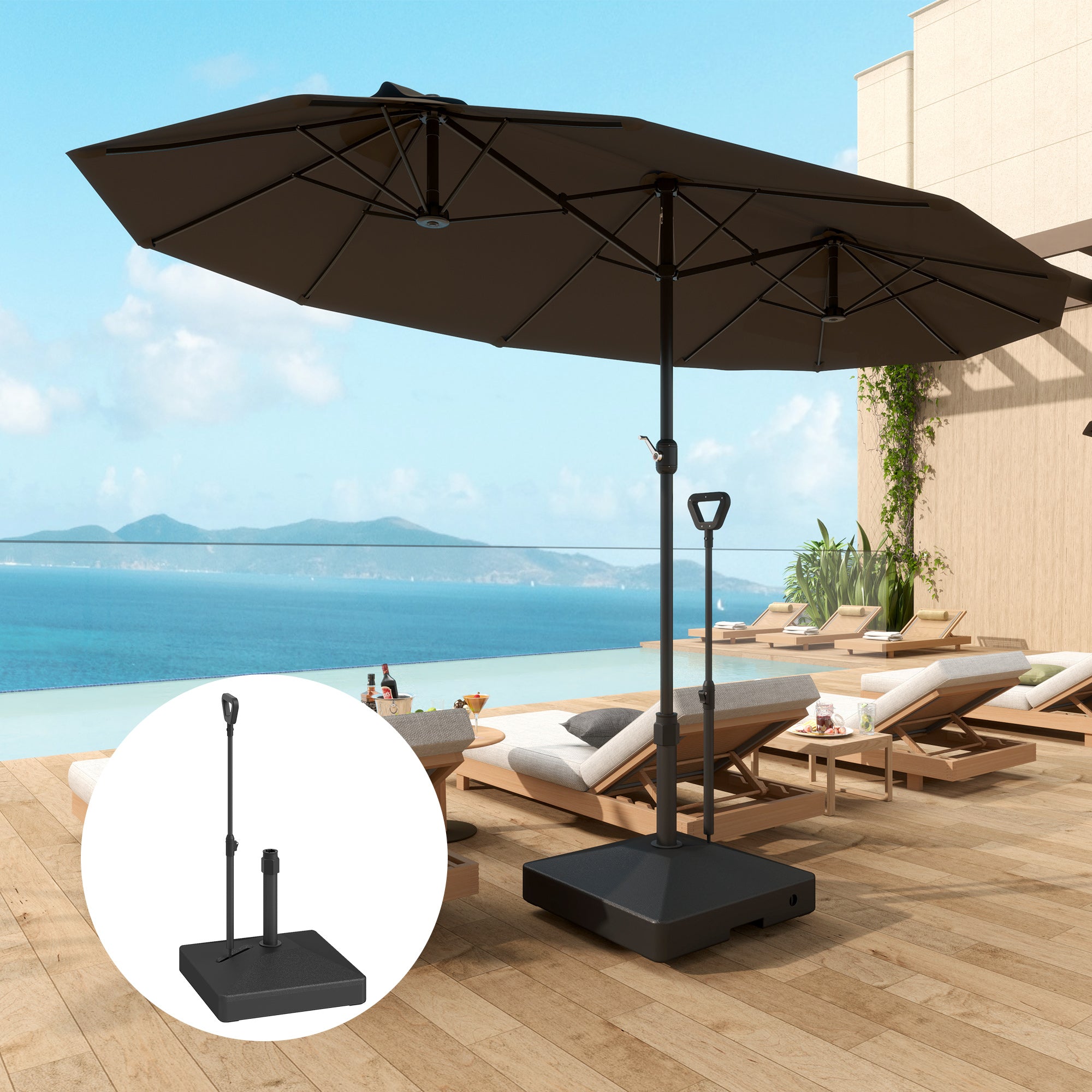 Garden Parasol Base with Adjustable Wheels and Handle, Garden Sun Umbrella Base Parasol Stand, Filled Up to 55kg with Stand, 45kg with Water for 35, 38, 48 mm Poles, Black