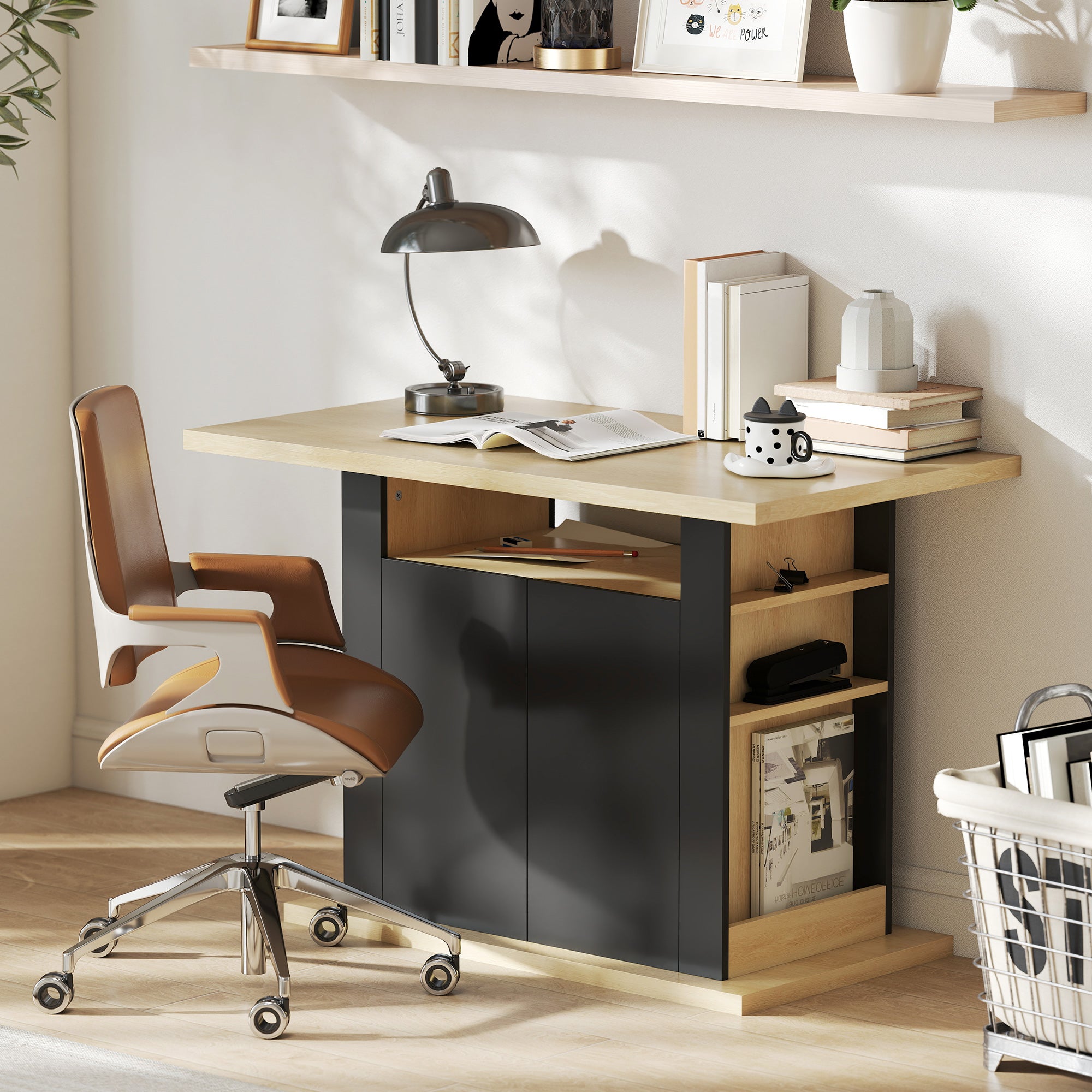Kitchen Island with Spice Rack, Kitchen Storage with Large Tabletop for 4 People, Adjustable Shelves Black & Natural