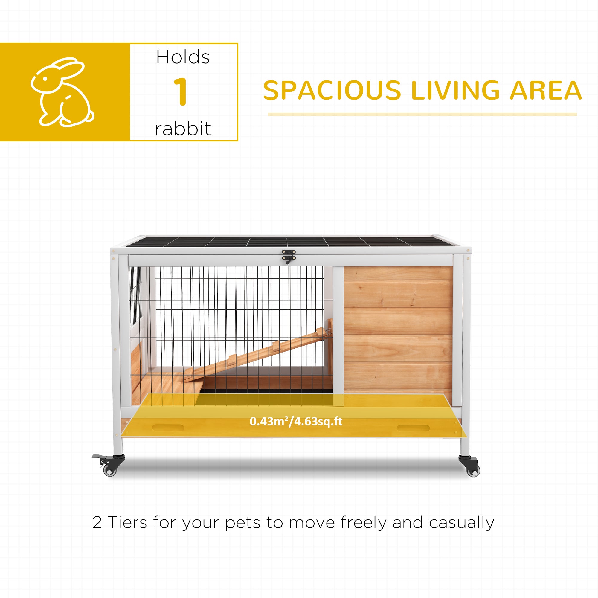 Wooden Guinea Pig Hutch, 2-Floor Bunny Cage w/ Enclosed Run Area, Yellow