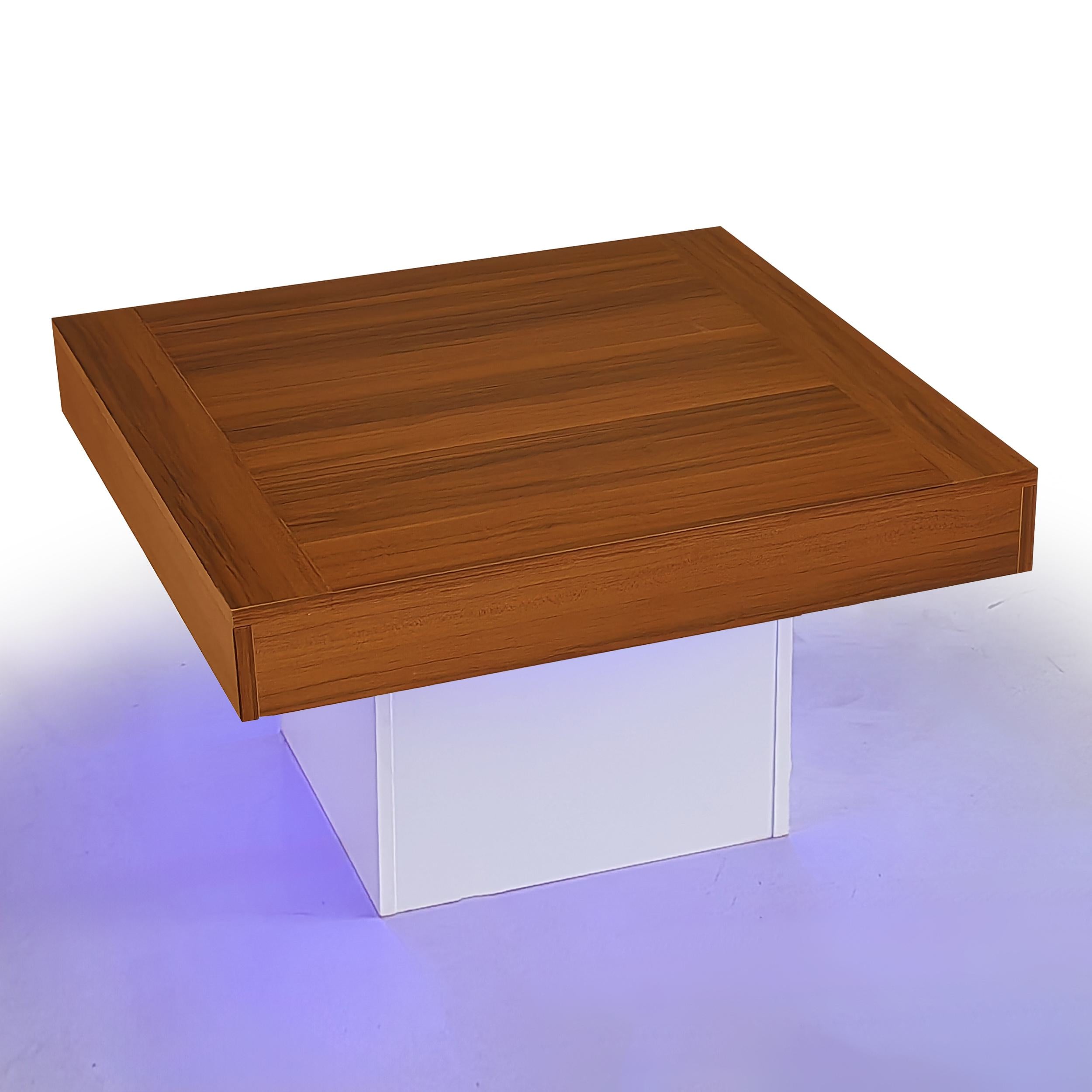 Square Coffee Table with LED Lights, Rustic Industrial Design, Particle Board, 70L x 70W x 40H cm, Brown+White