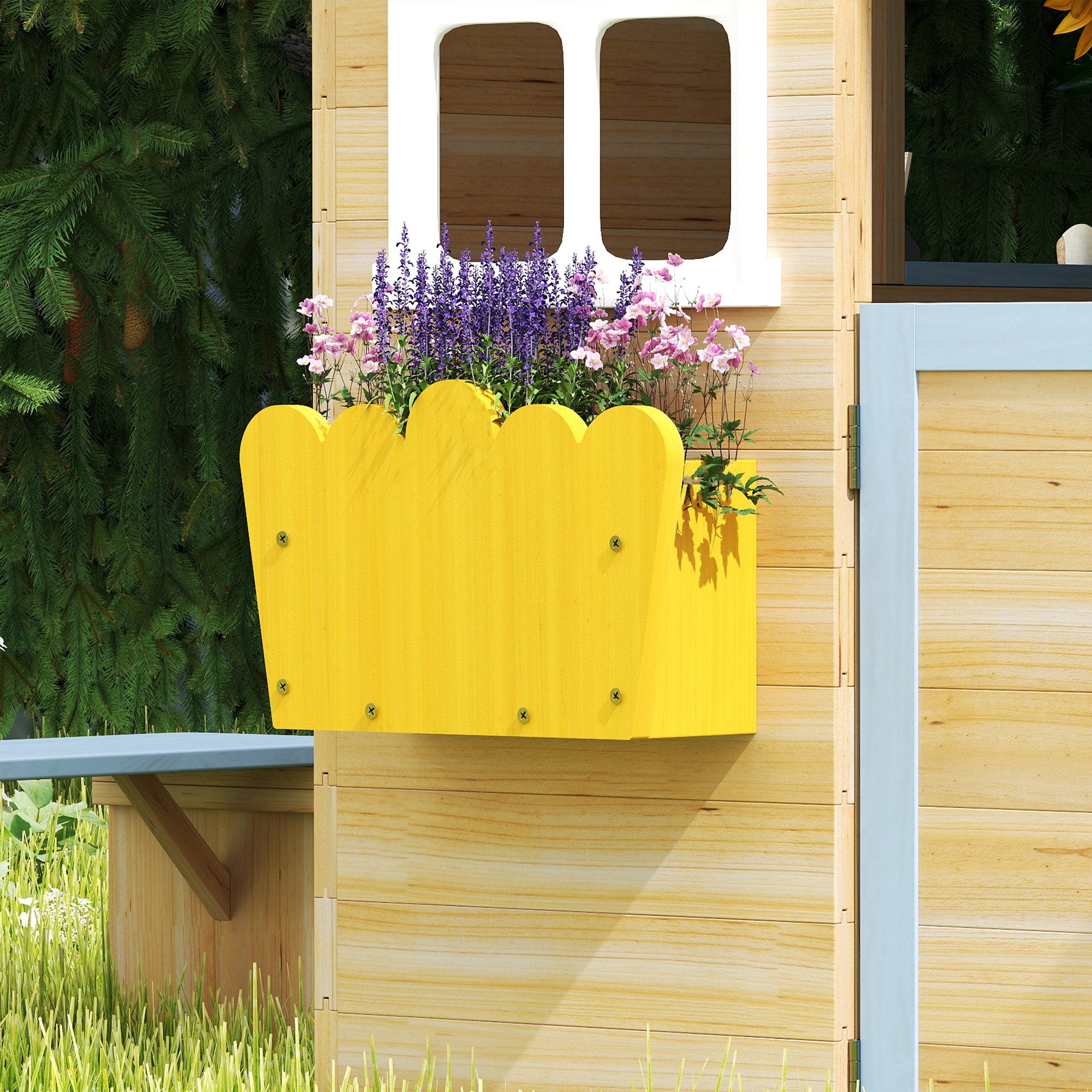 Wooden Playhouse, Wendy House w/ Door, Bench, Flowerpot Holder, For Ages 3-7 Years, Blue