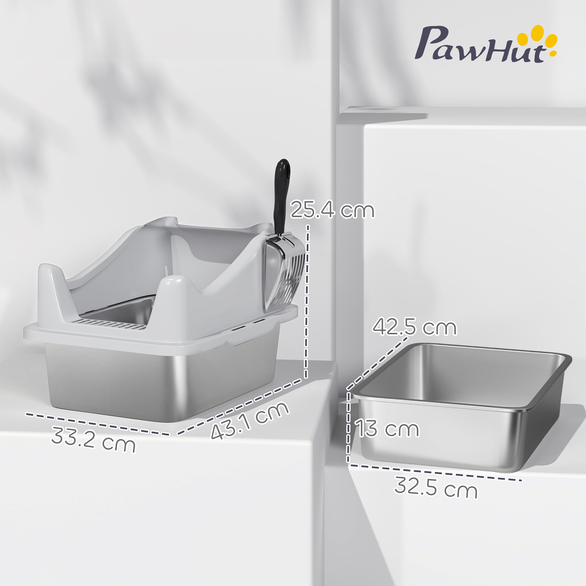 Stainless Steel Cat Litter Box with High Sides, Metal Scoop, 43 x 33 x 25 cm