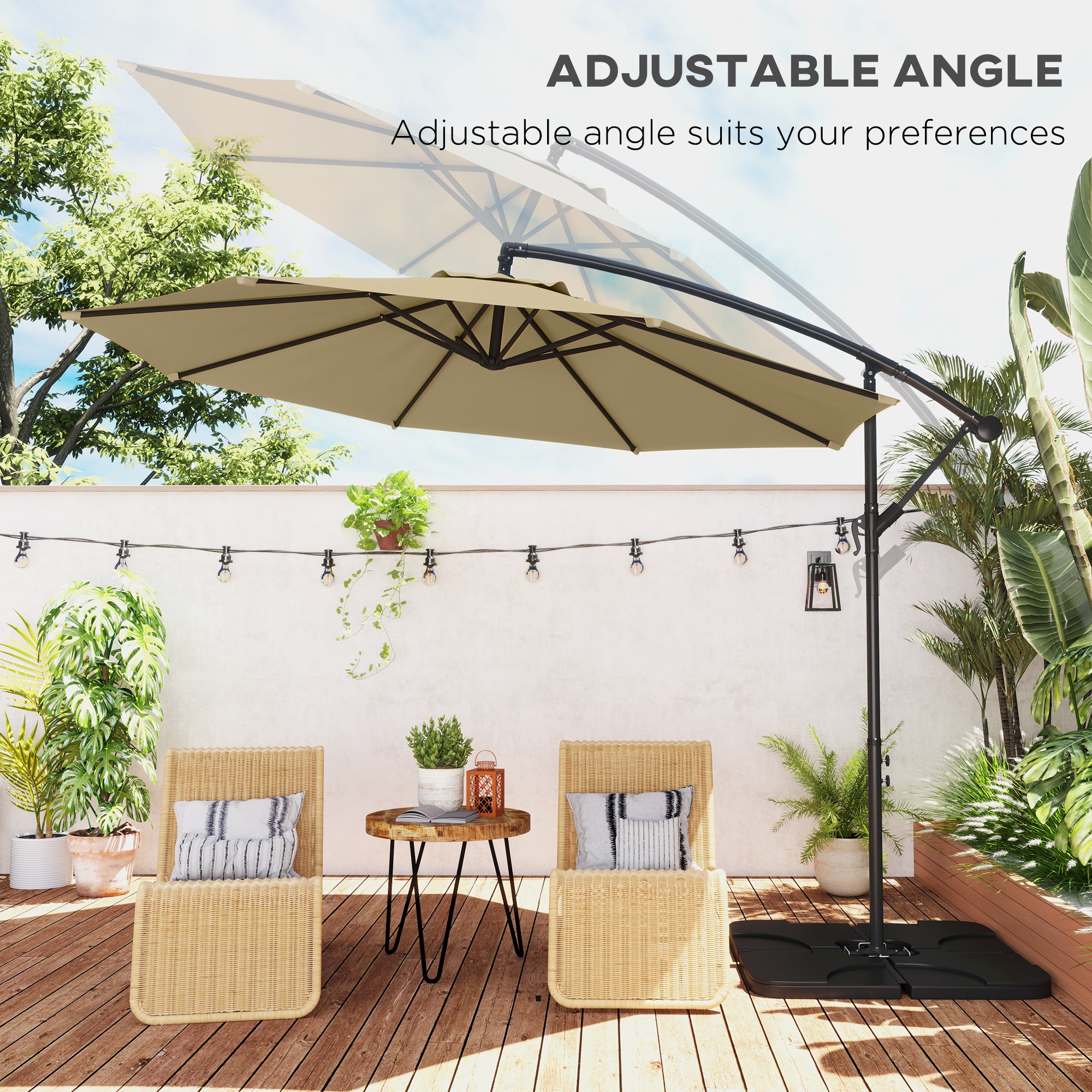 3m Overhanging Parasol, with Base, Weights and Cover - Sand brown
