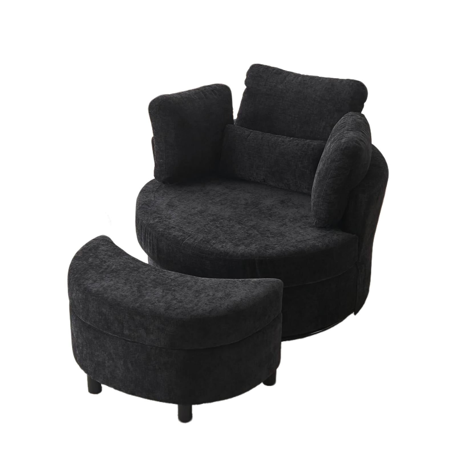 Chenille Swivel Armchair with 3 Back Cushions and Crescent Ottoman Stool, 360° Swivel Recliner Sofa, 107L x 105W x 82H cm, Black