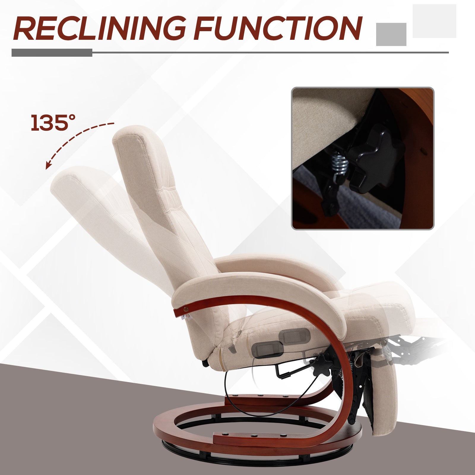 135° Manual Reclining Swivel Chair, with Footrest - Beige