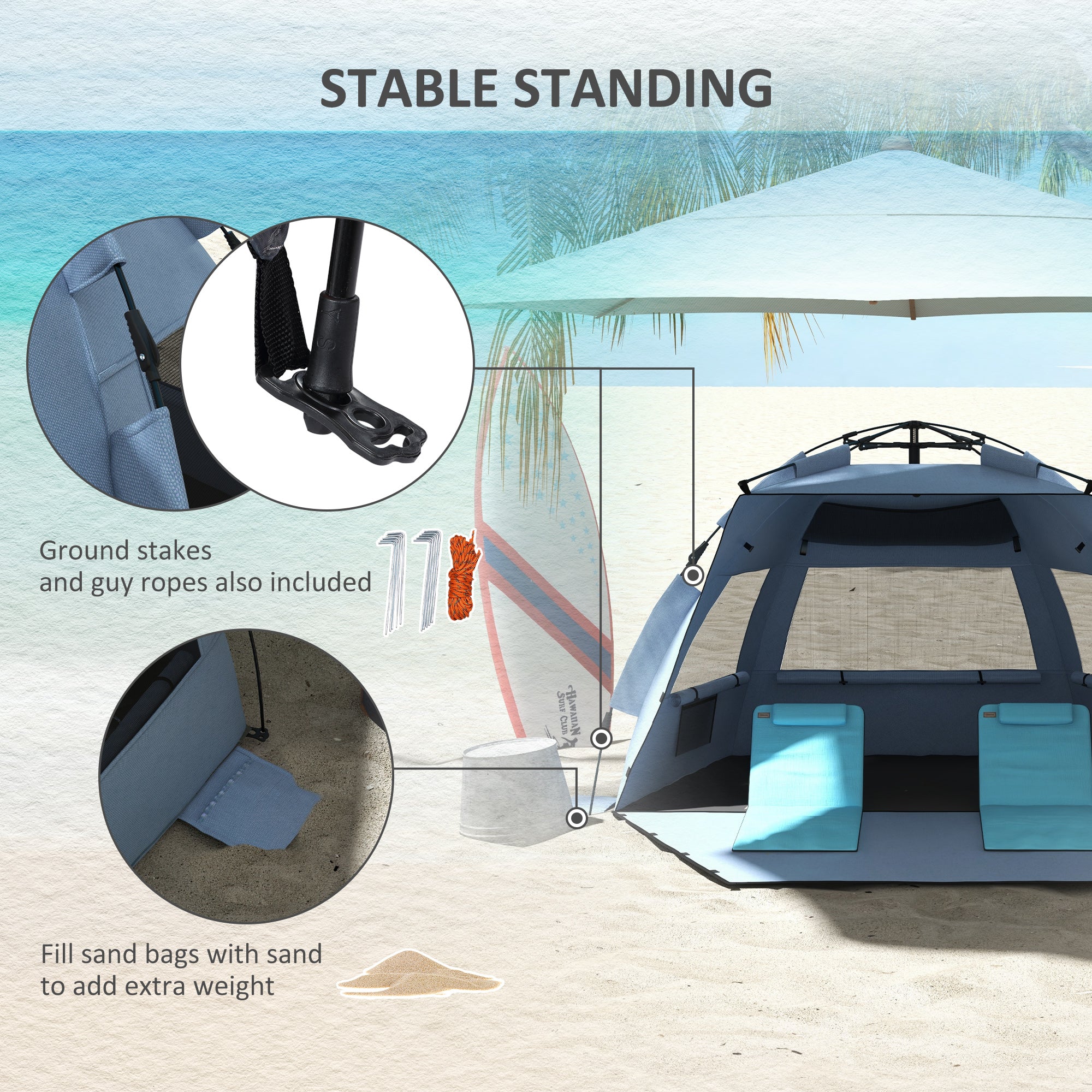 2-3 Person Pop Up Beach Tent, UPF15+ Sun Shelter with Extended Floor, Sandbags, Mesh Windows and Carry Bag, Light Blue